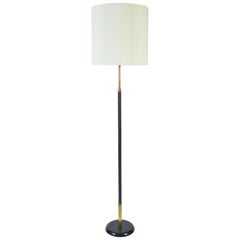 Brass and Black Leather Floor Lamp, in the Manner of Jacques Adnet