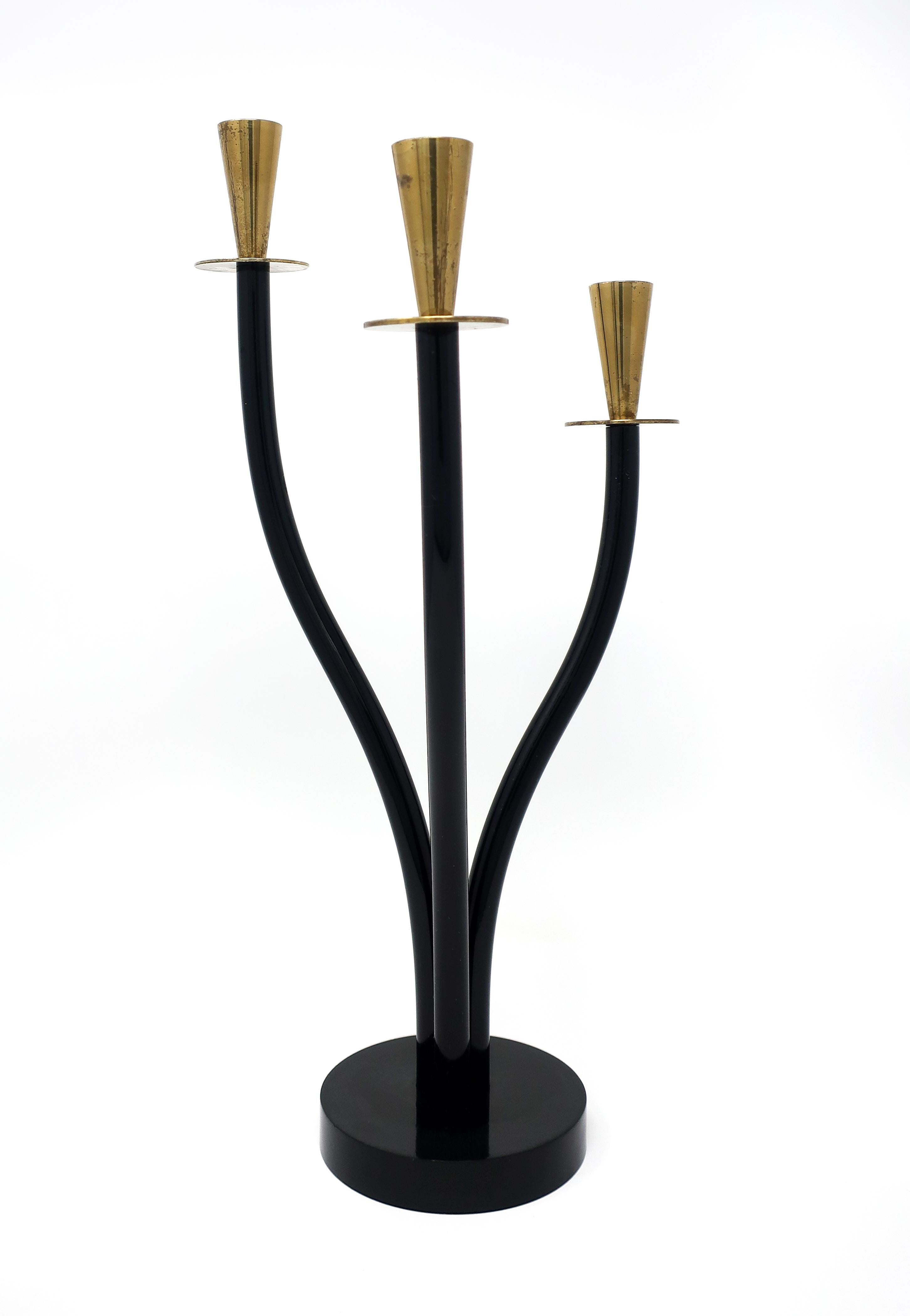 Mid-Century Modern Brass and Black Lucite Candleholder For Sale