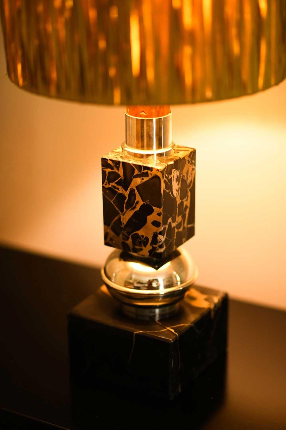 Brass and Black Marble Table Lamp with Wooden Detail, 1970s 5