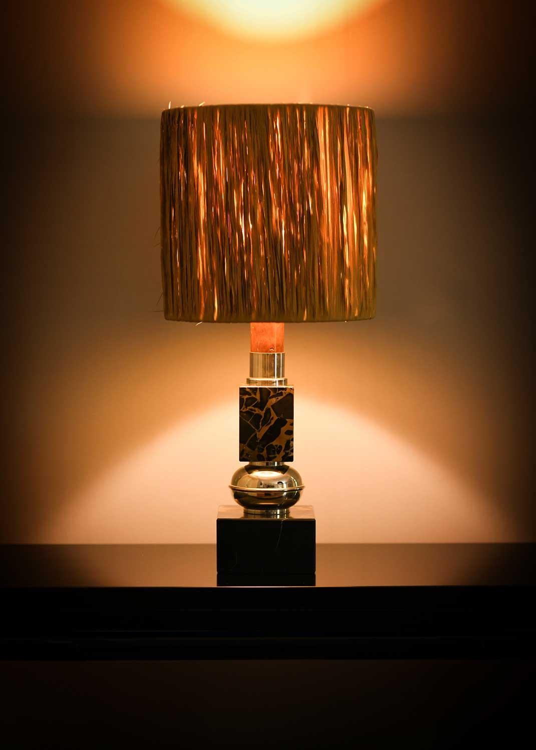 Italian Brass and Black Marble Table Lamp with Wooden Detail, 1970s
