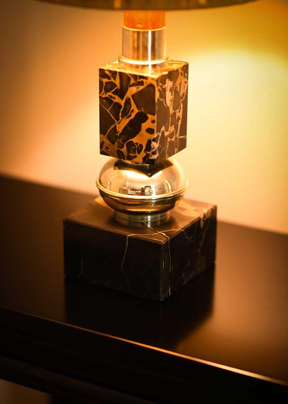 Late 20th Century Brass and Black Marble Table Lamp with Wooden Detail, 1970s