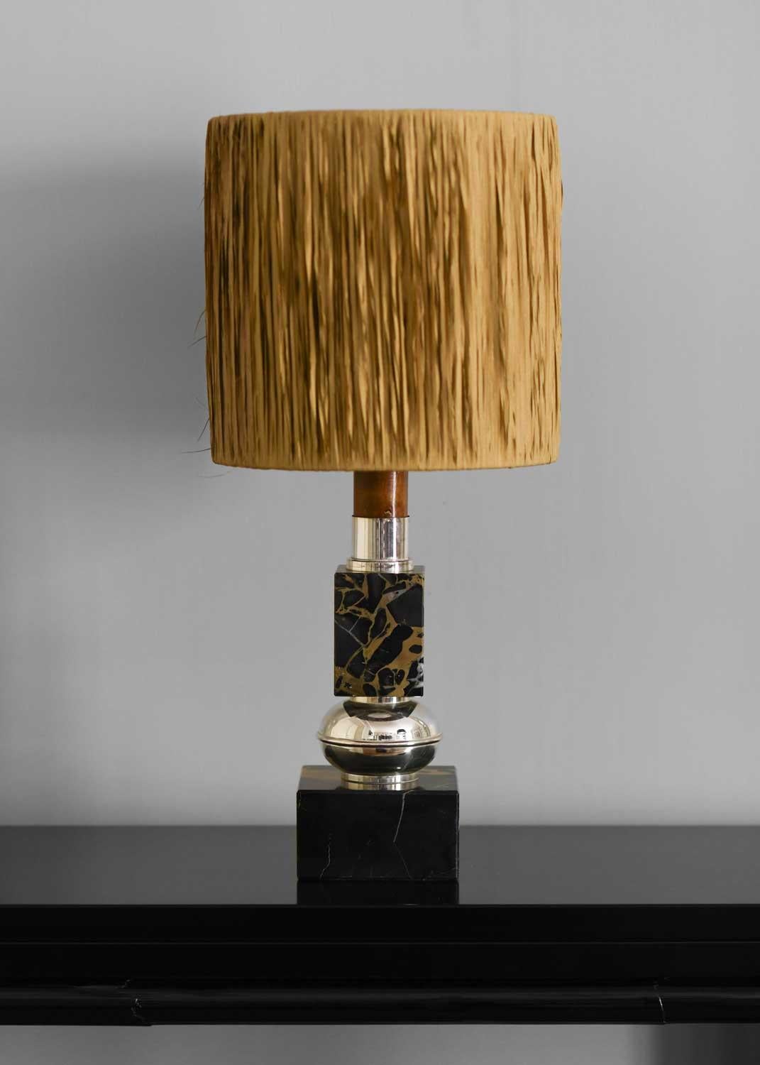 Brass and Black Marble Table Lamp with Wooden Detail, 1970s 2