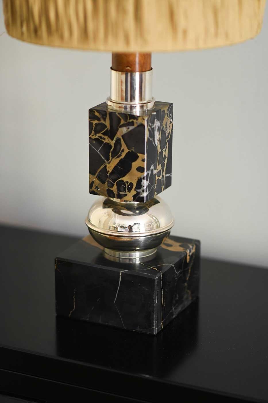 Brass and Black Marble Table Lamp with Wooden Detail, 1970s 3