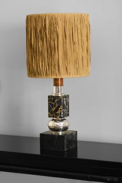 Brass and Black Marble Table Lamp with Wooden Detail, 1970s
