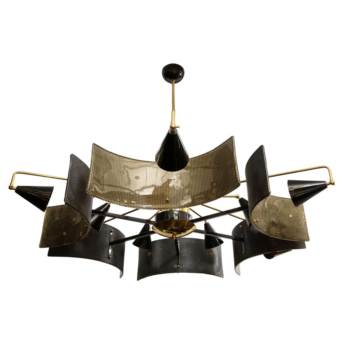 Brass and Black Metal with Smoked Murano Glass Shields Chandelier, Italy, 2019