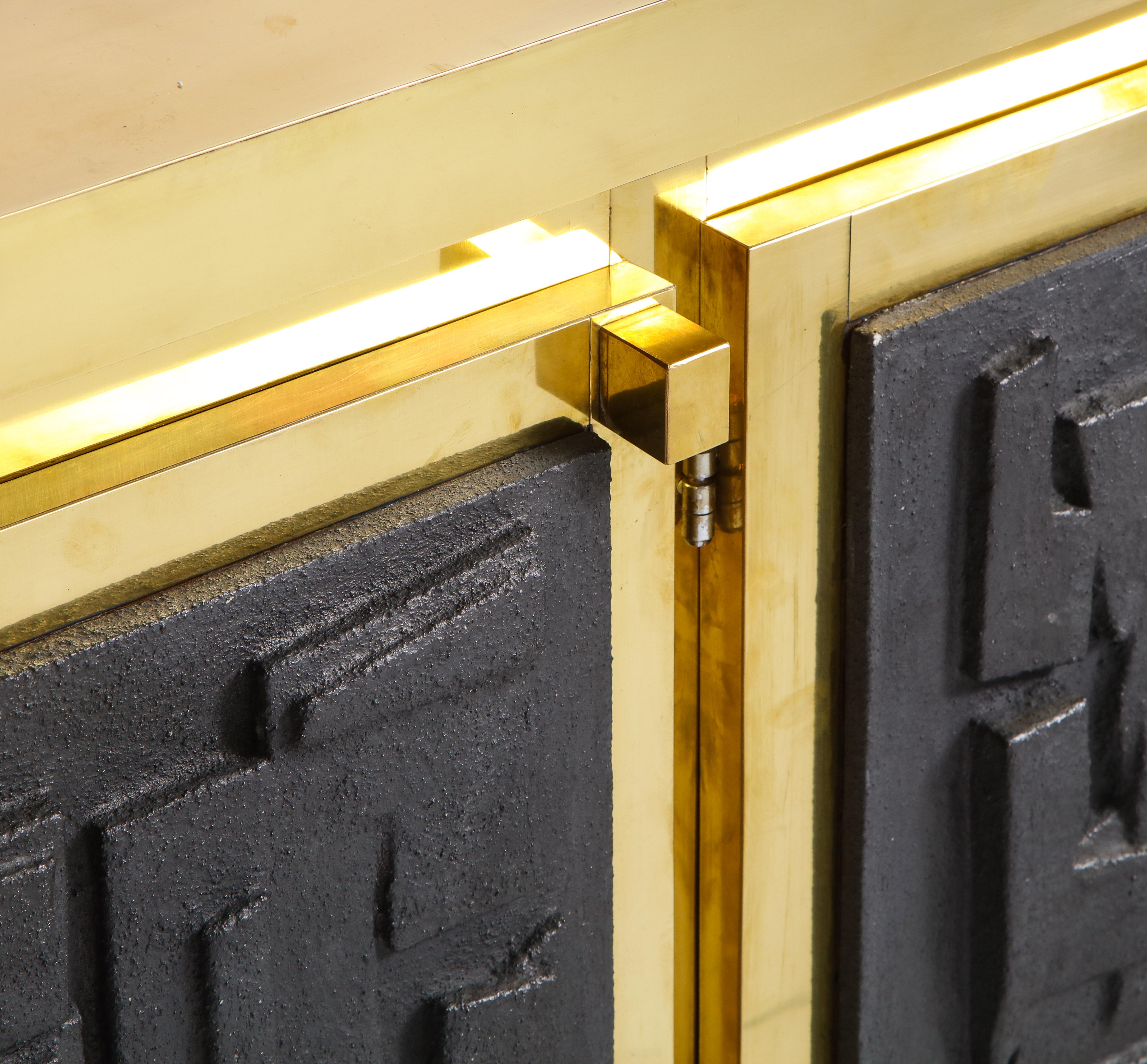 Brass Sideboard or Credenza with Black Brutalist Relief Panels, Italy 4