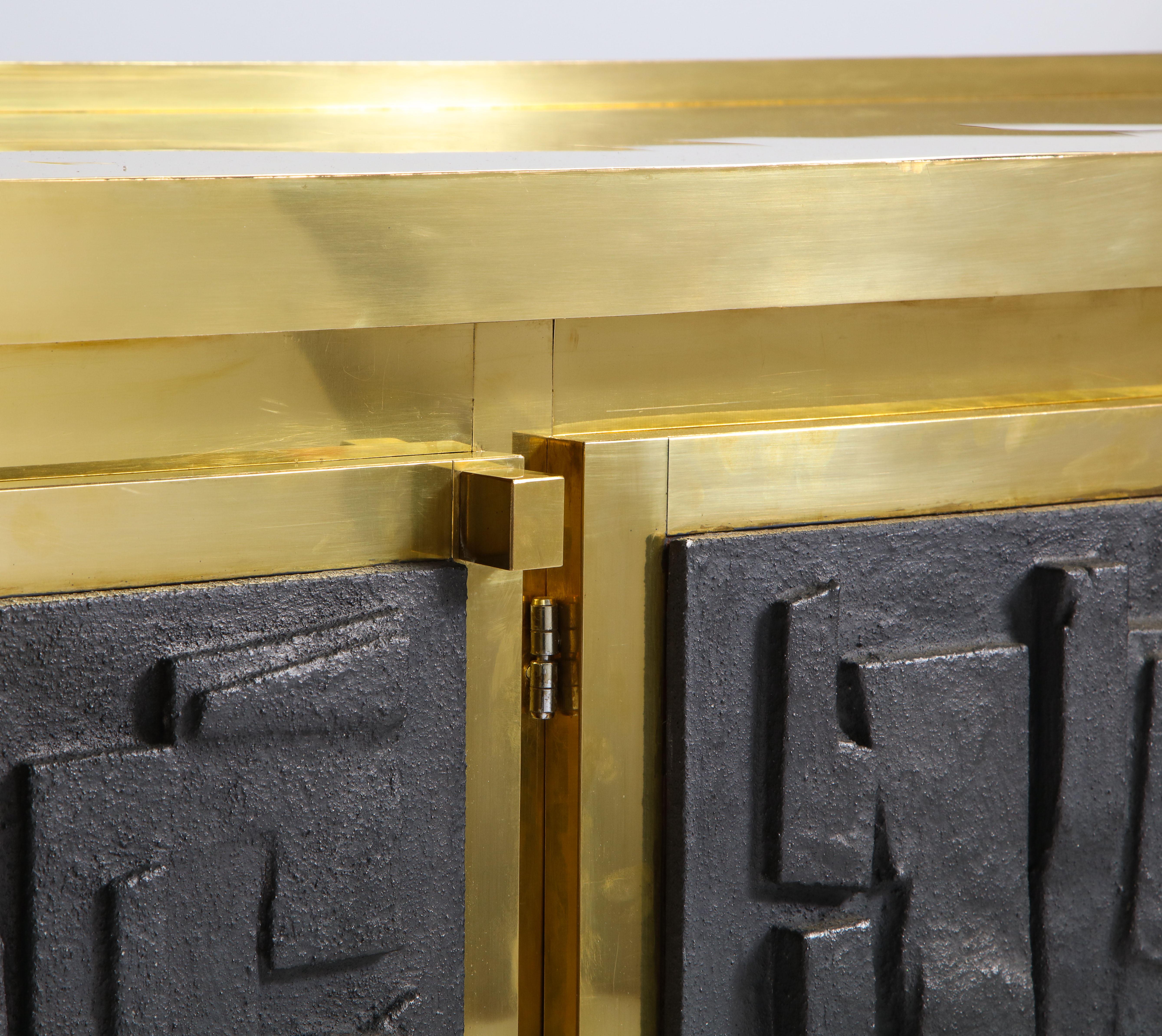 Brass Sideboard or Credenza with Black Brutalist Relief Panels, Italy 8