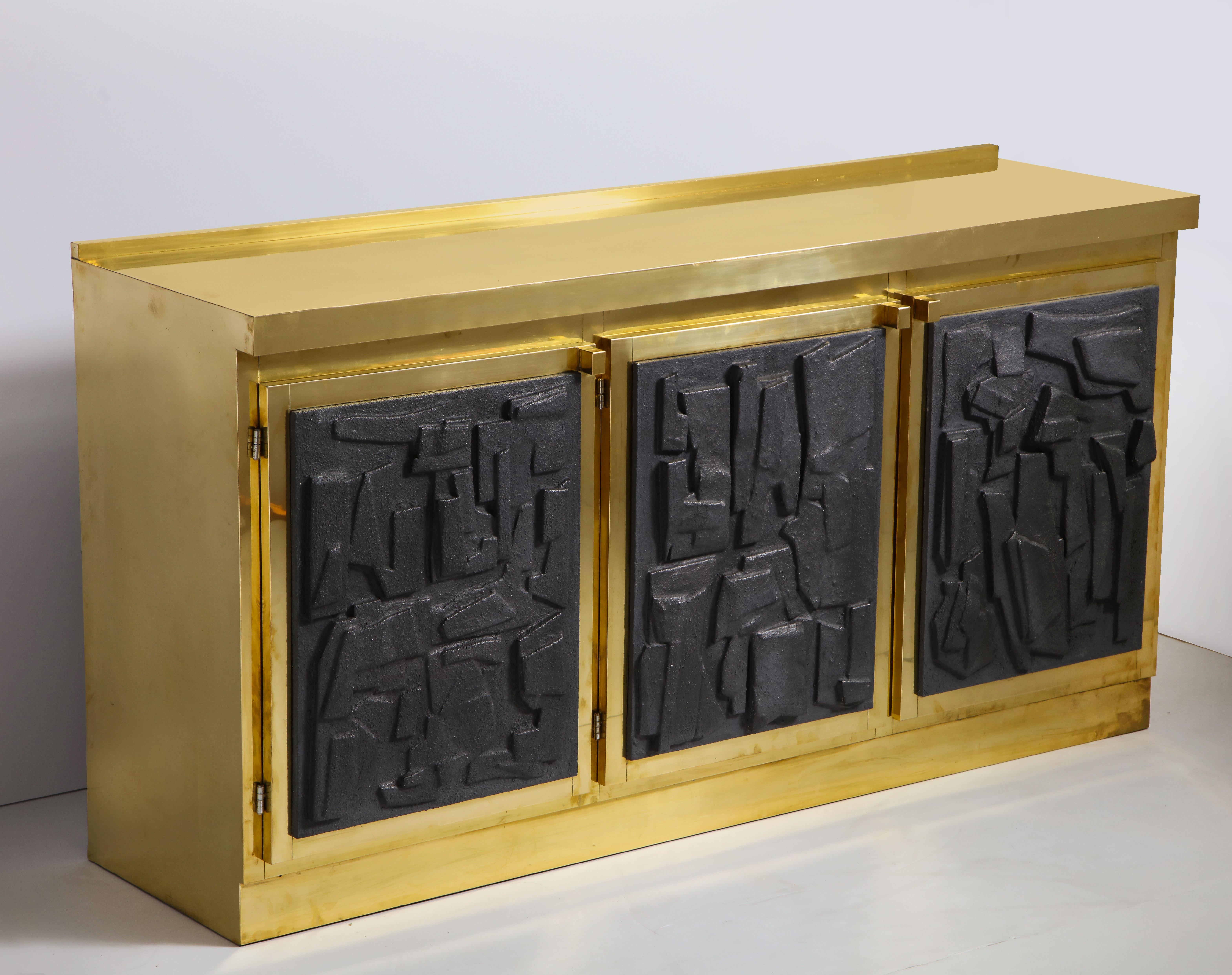 Brass Sideboard or Credenza with Black Brutalist Relief Panels, Italy 11