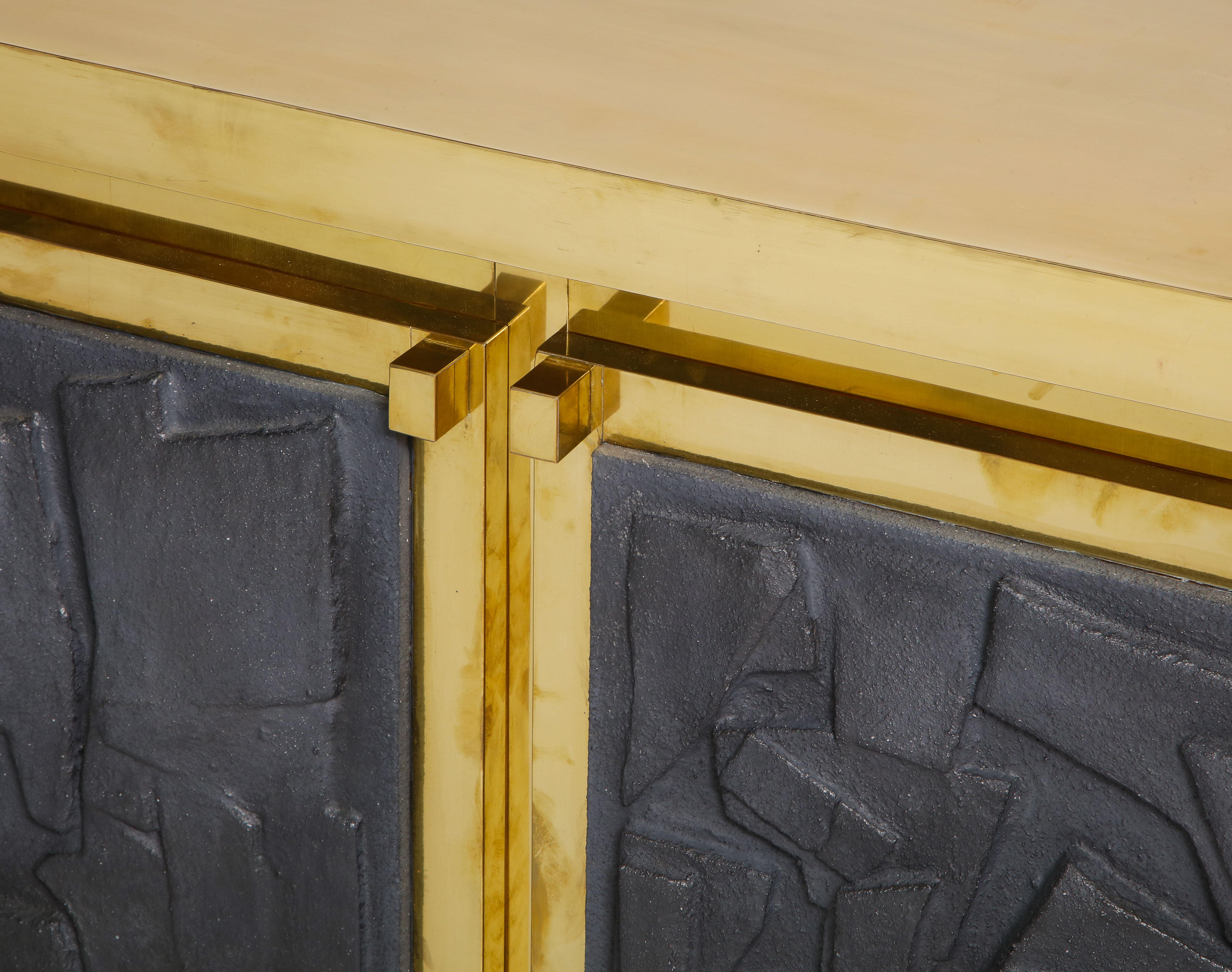 Hand-Carved Brass Sideboard or Credenza with Black Brutalist Relief Panels, Italy