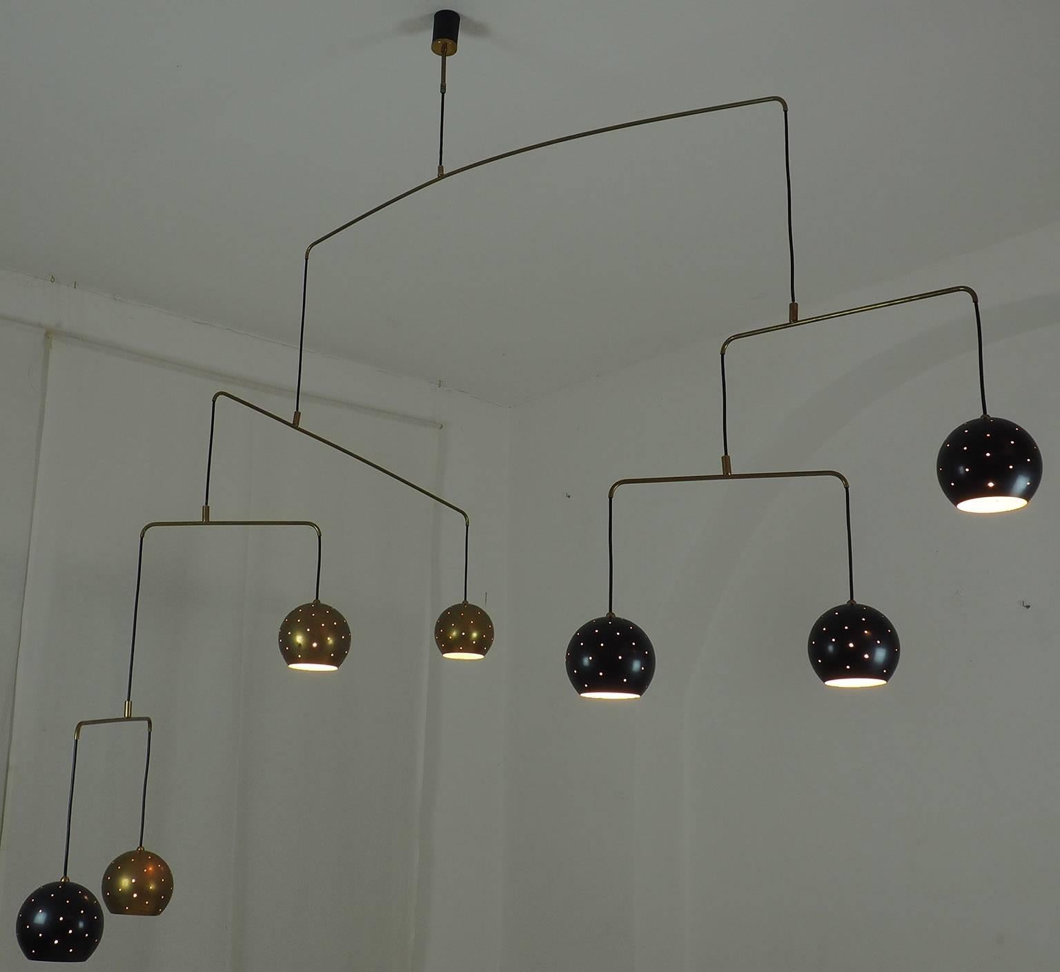 Wire Brass and Black Spheres Large Chandelier Mobile 
