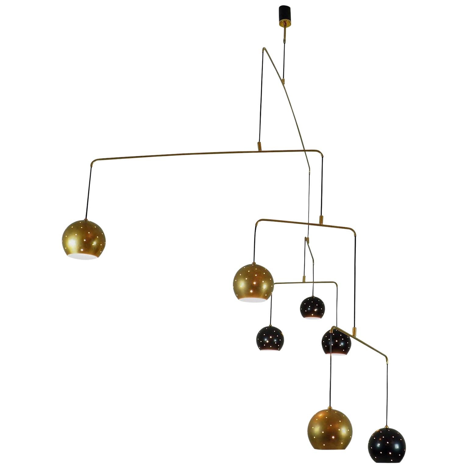 Brass and Black Spheres Large Chandelier Mobile "Magico E Meditativo", Italy