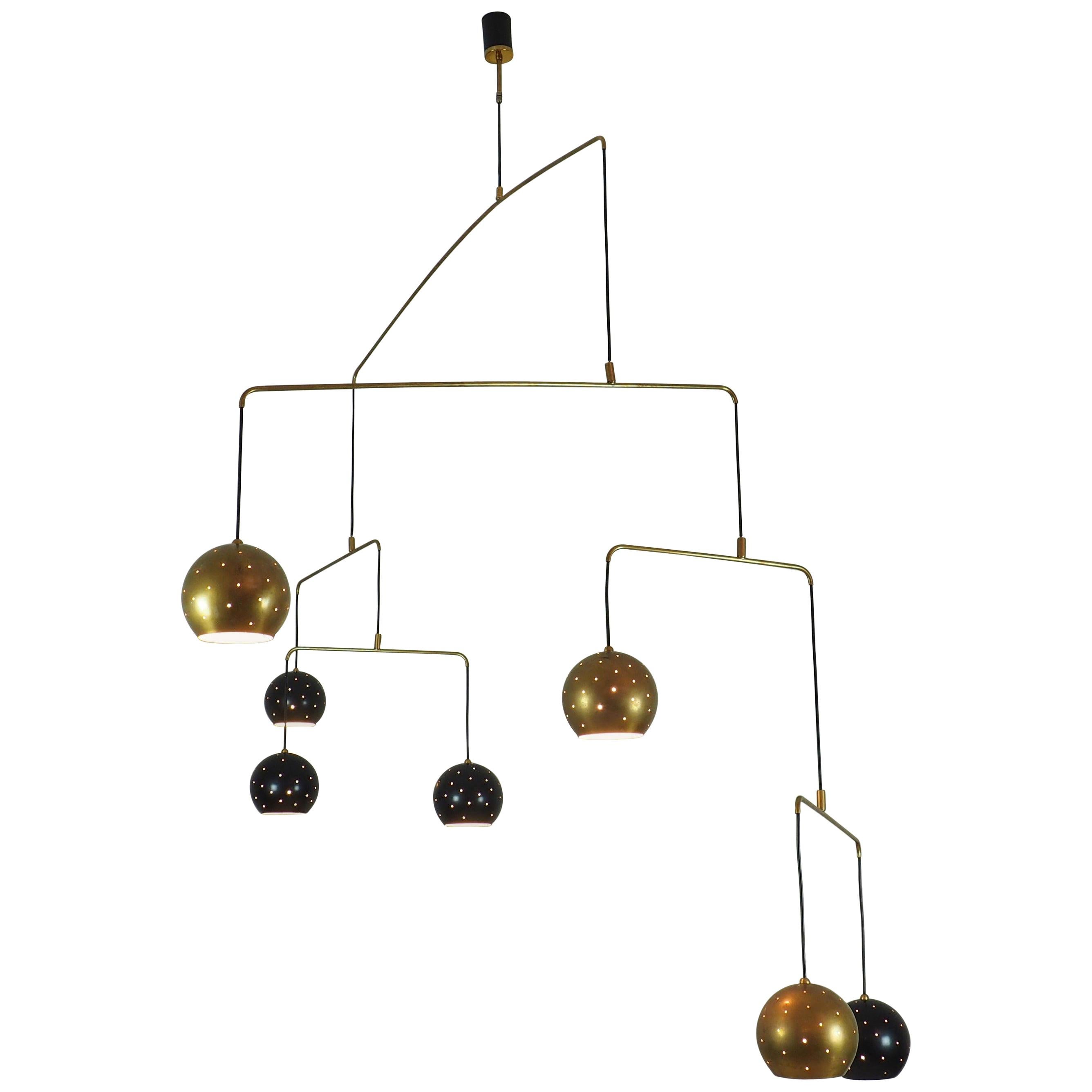 Brass and Black Spheres Large Mobile Chandelier "Magico E Meditativo", Italy For Sale