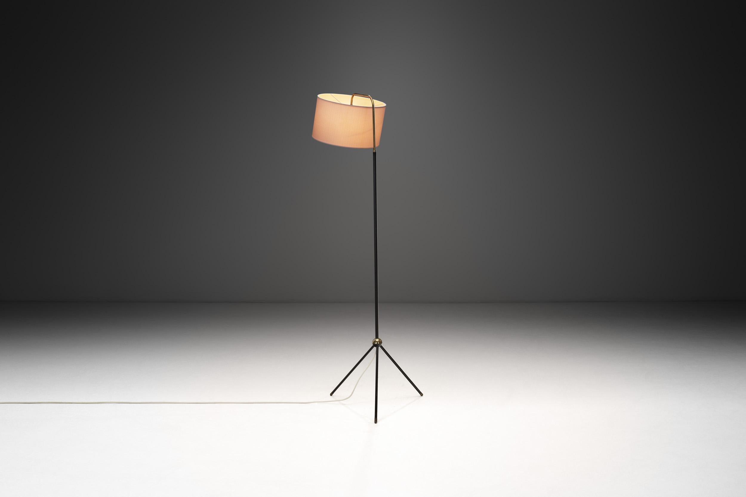 French Brass and Black Steel Floor Lamp with Tripod Base, France 1950s For Sale