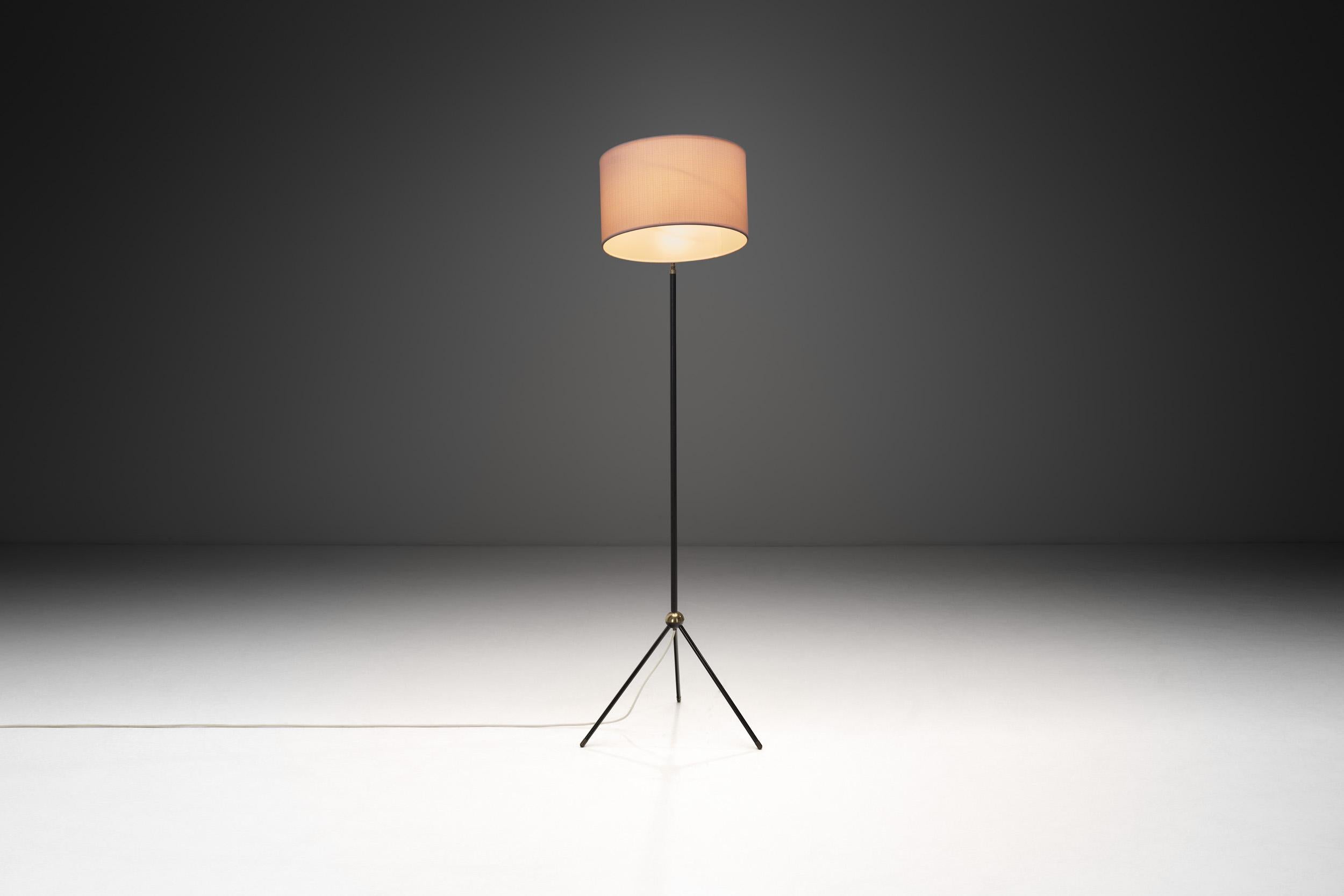 Lacquered Brass and Black Steel Floor Lamp with Tripod Base, France 1950s For Sale