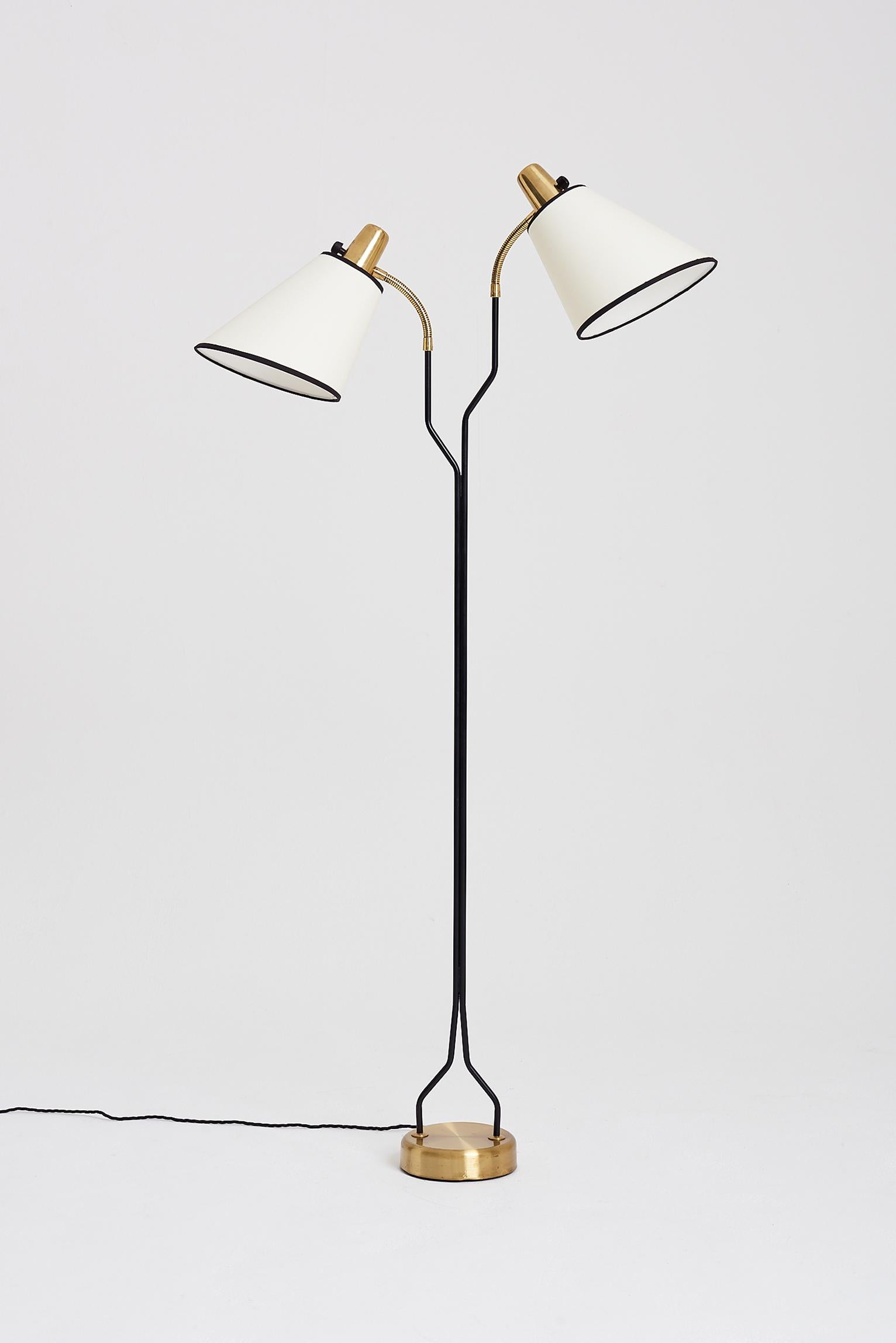 Mid-Century Modern Brass and Black Two-Armed Floor Lamp by Eskilstuna Elektrofabrik