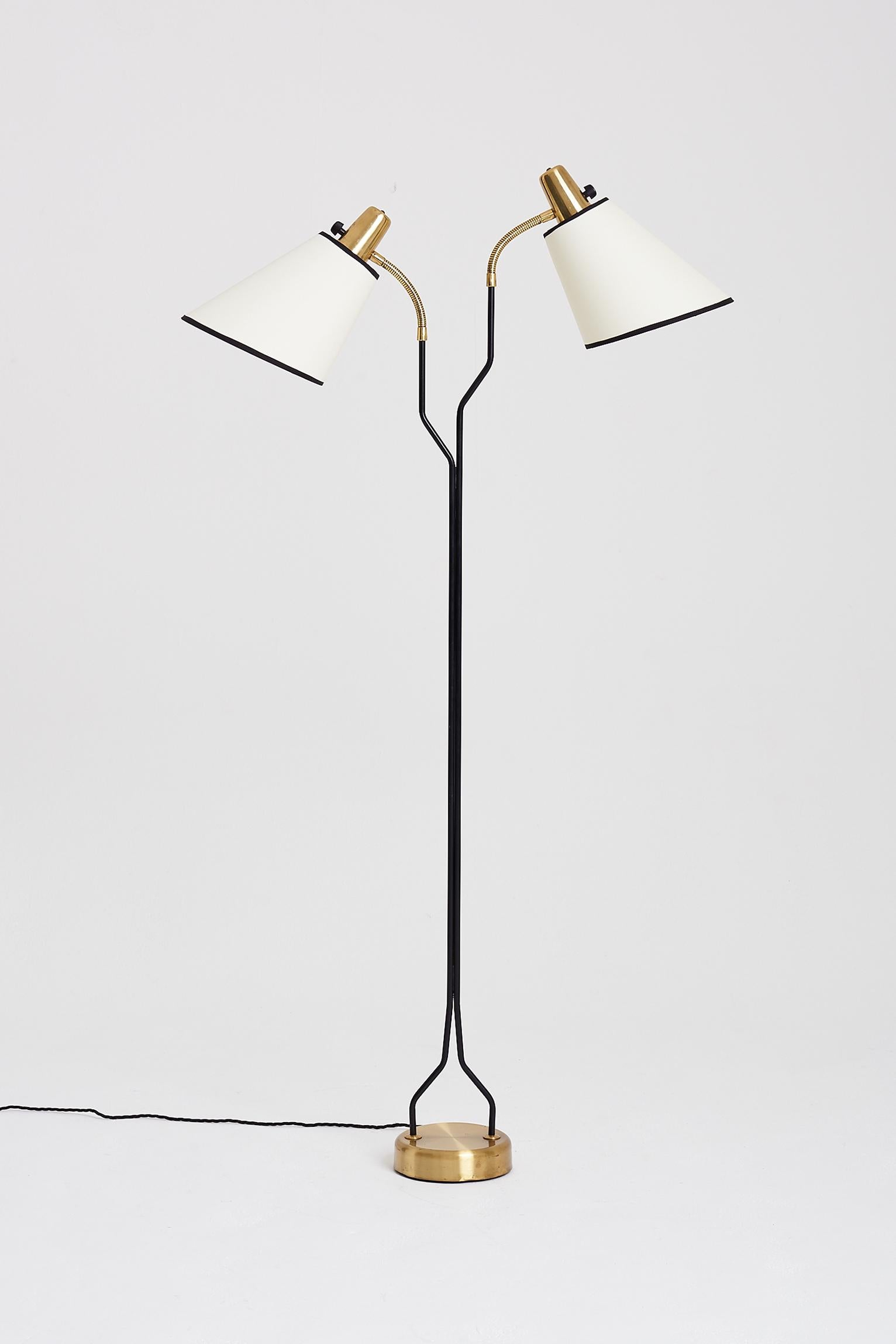 Swedish Brass and Black Two-Armed Floor Lamp by Eskilstuna Elektrofabrik