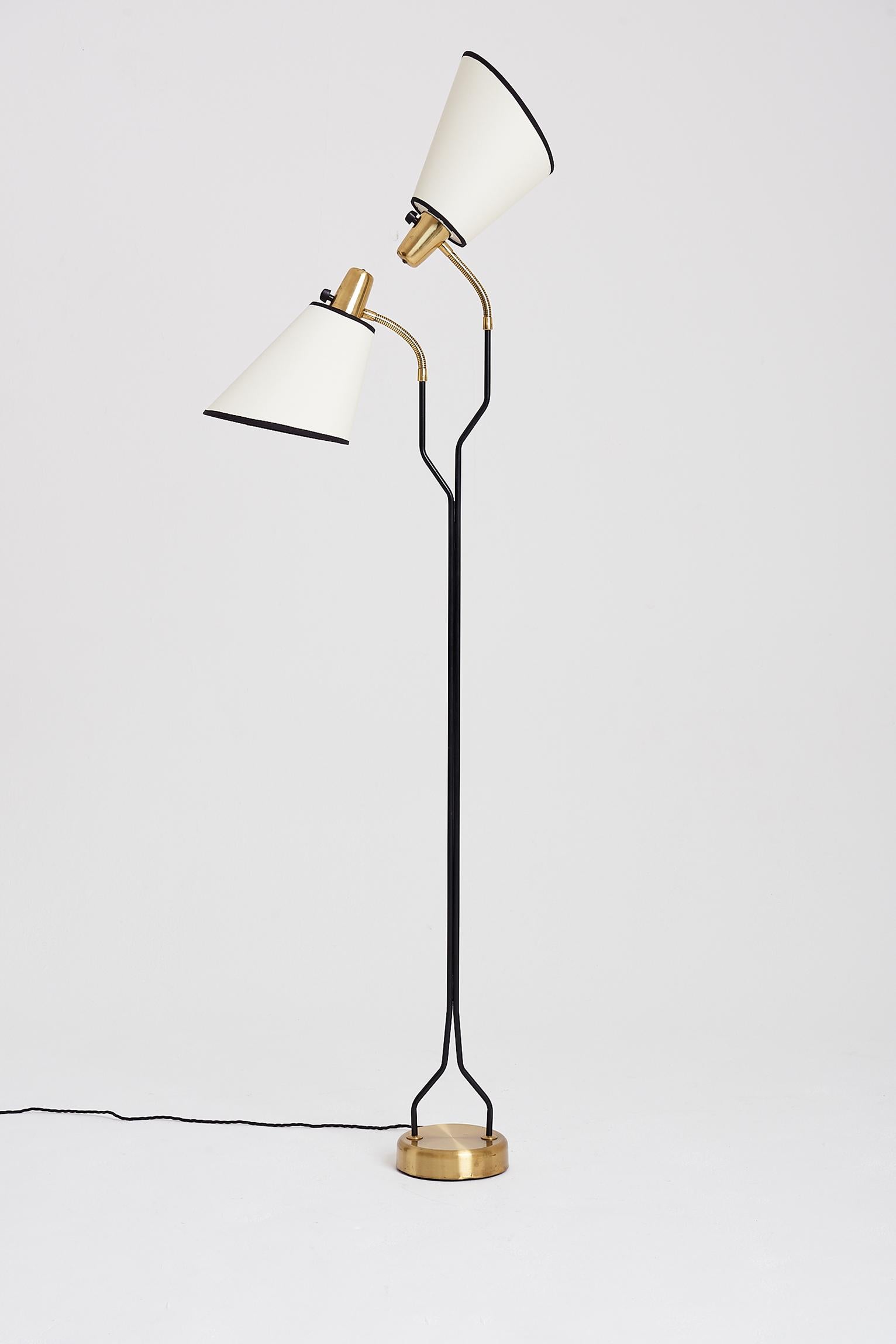 Brass and Black Two-Armed Floor Lamp by Eskilstuna Elektrofabrik In Good Condition In London, GB