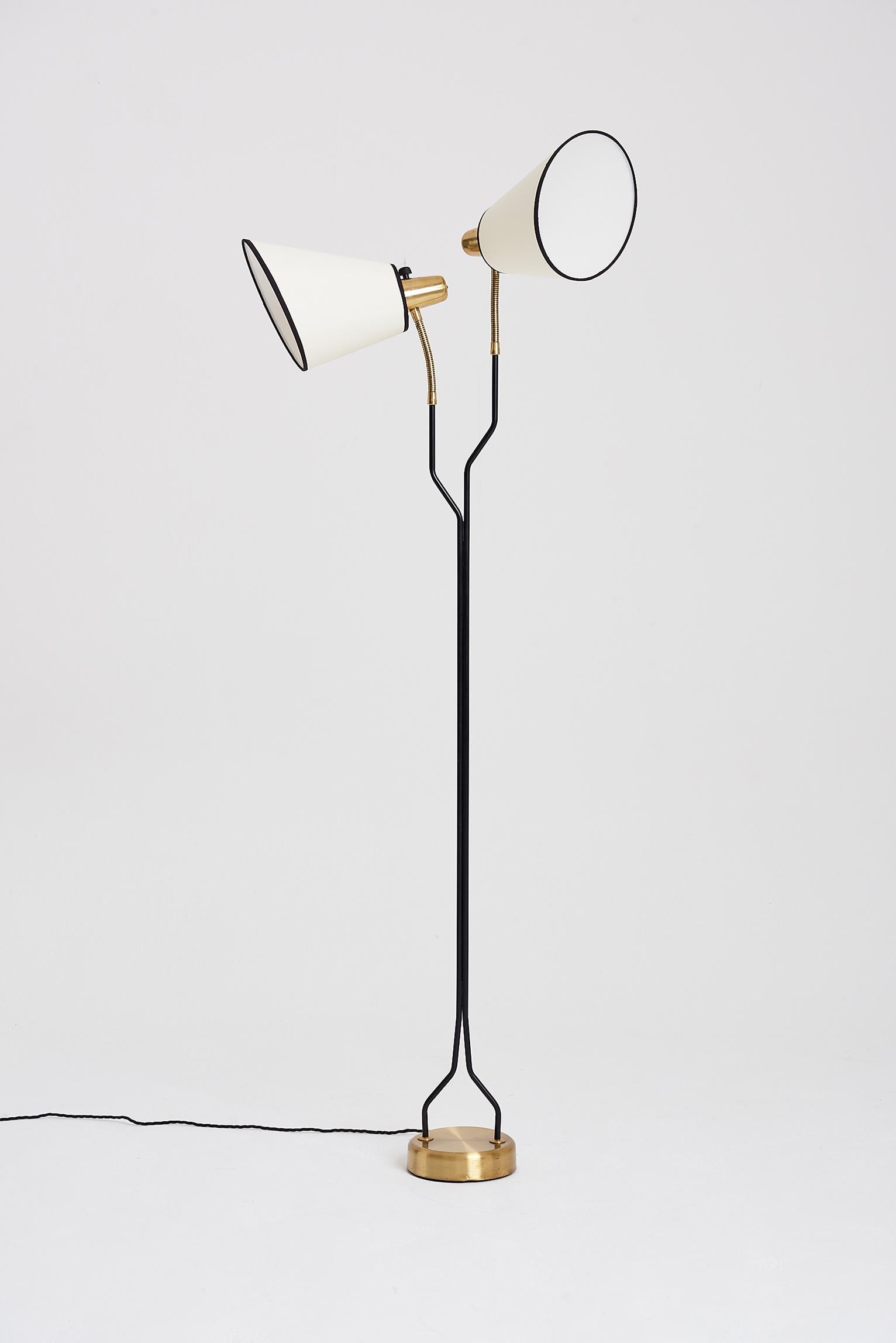20th Century Brass and Black Two-Armed Floor Lamp by Eskilstuna Elektrofabrik