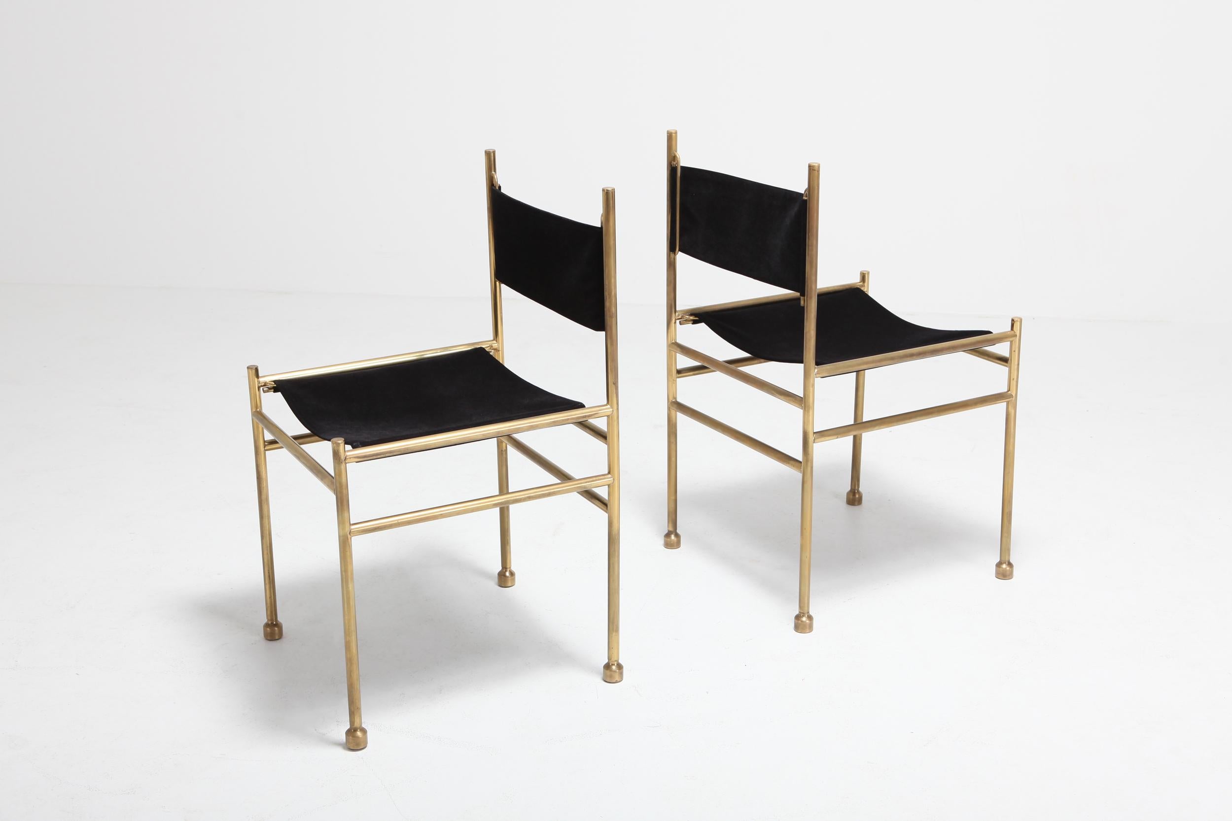 Brass and Black Velvet Dining Chairs by Luciano Frigerio 9