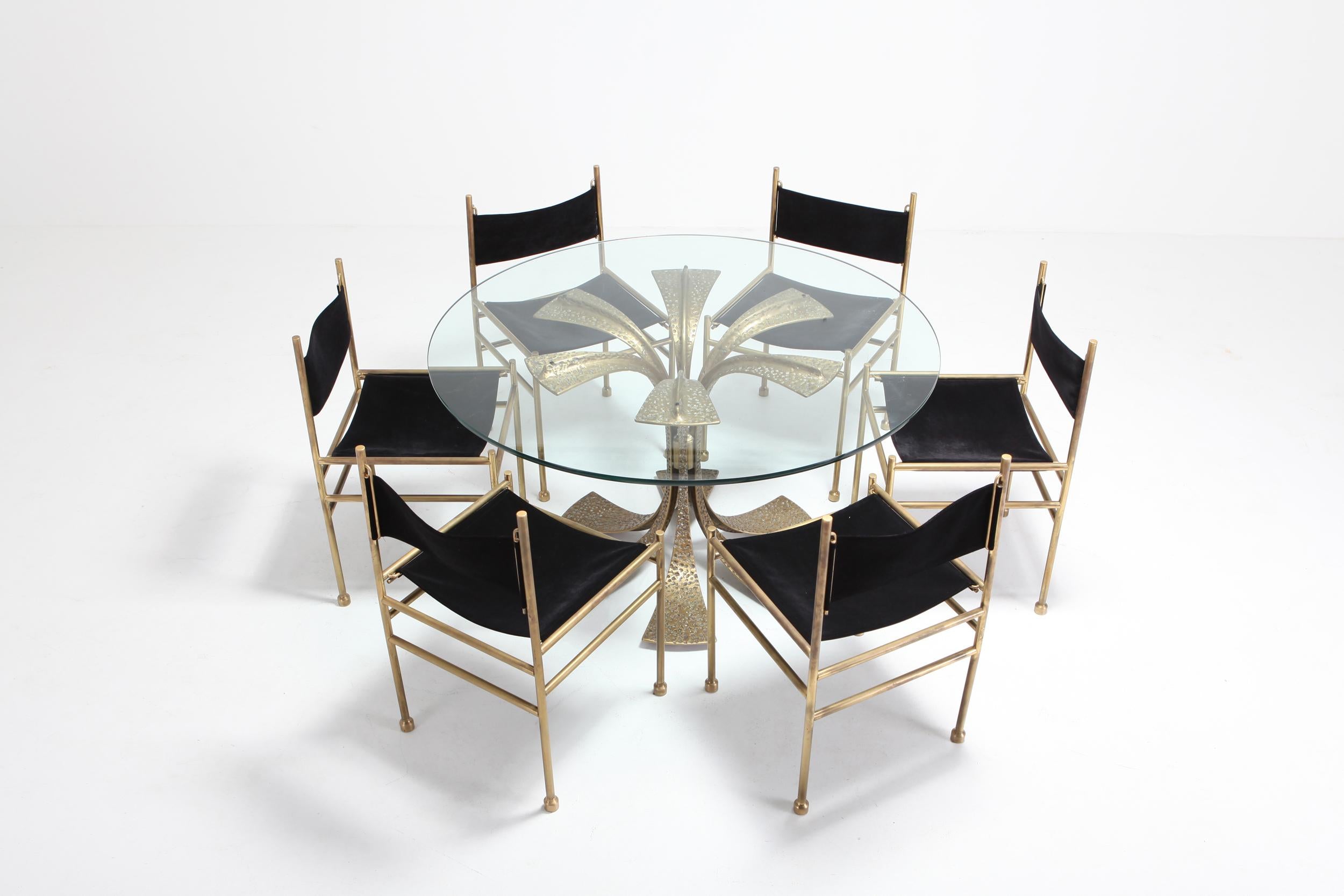 Brass and Black Velvet Dining Chairs by Luciano Frigerio 12