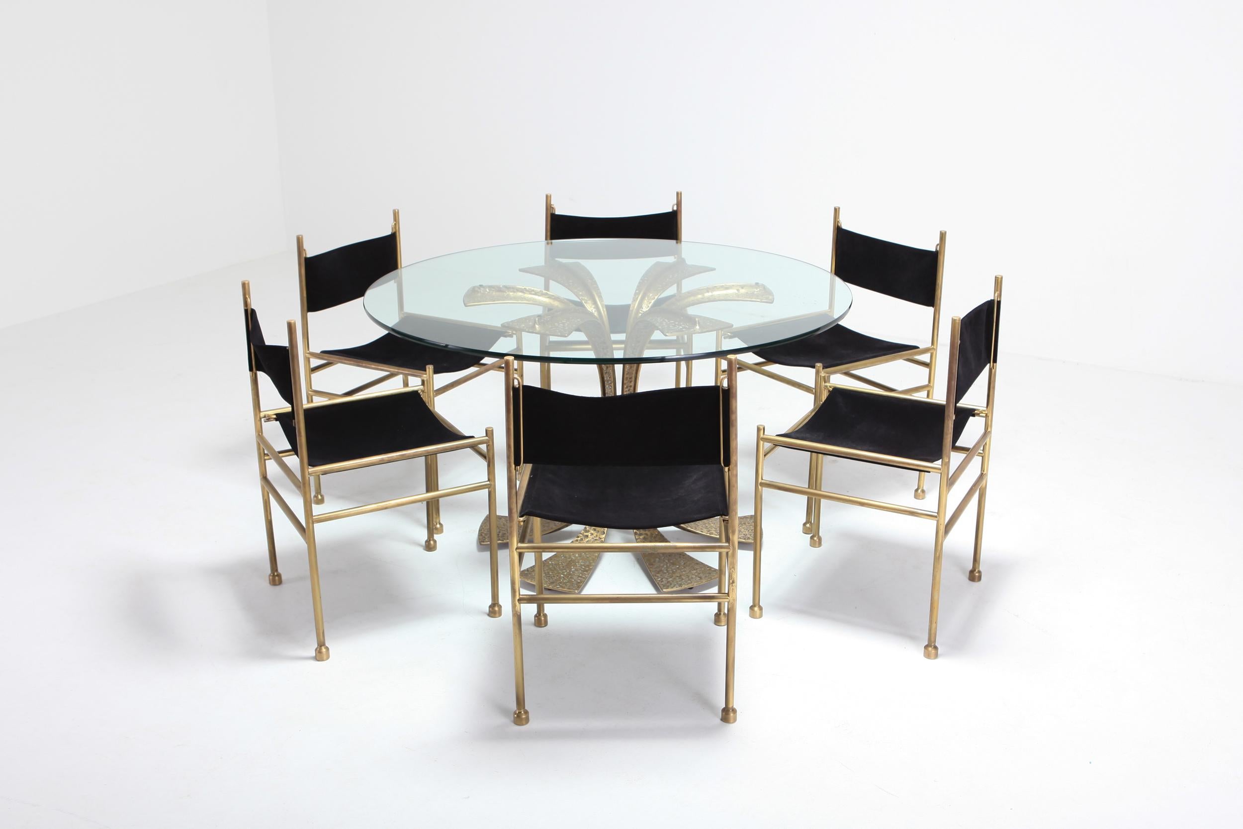 Brass and Black Velvet Dining Chairs by Luciano Frigerio 13
