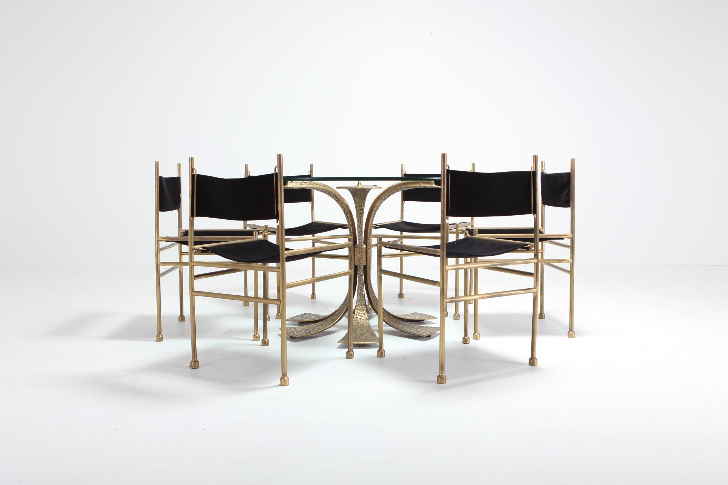 Brass and Black Velvet Dining Chairs by Luciano Frigerio 14