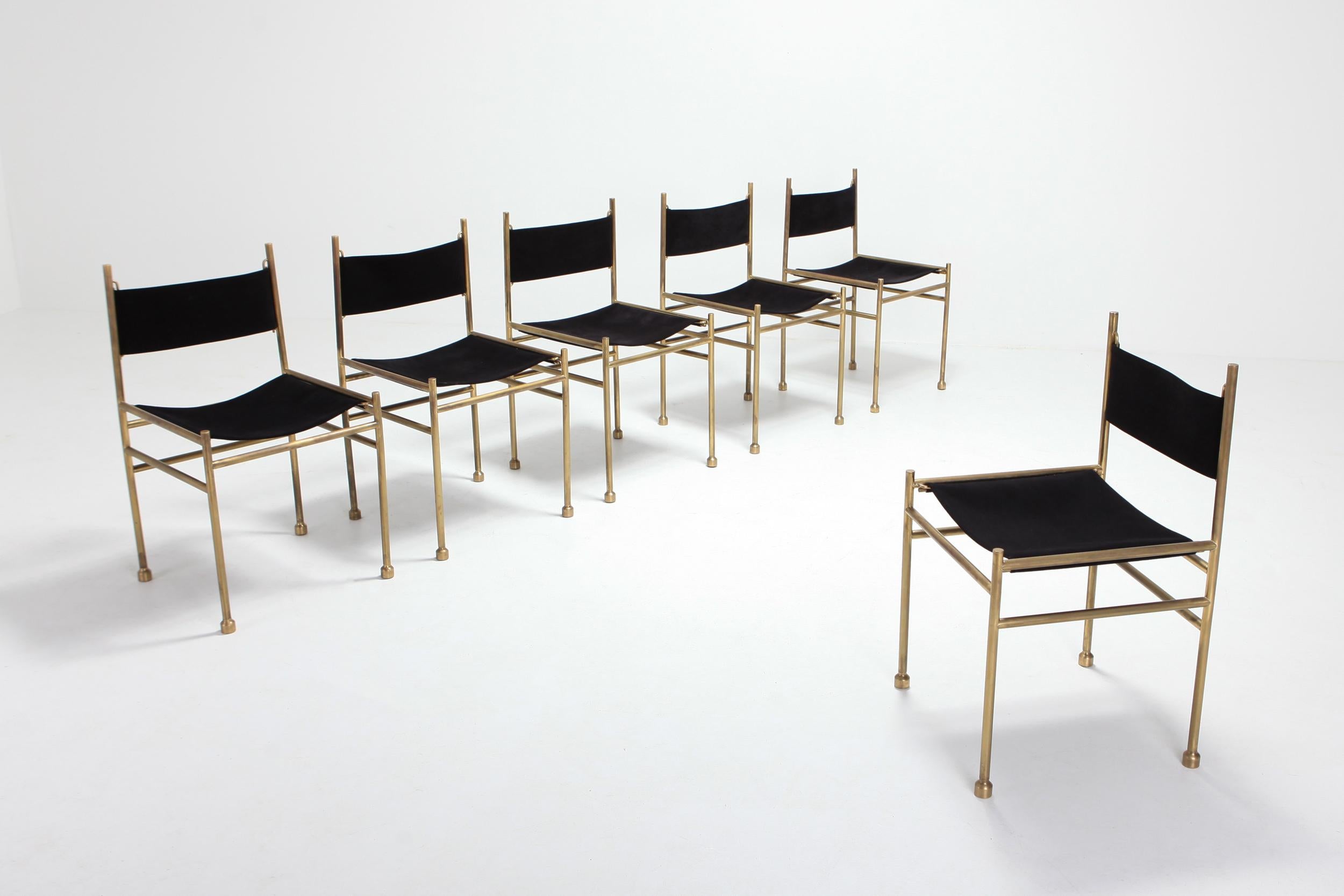 Hollywood Regency Brass and Black Velvet Dining Chairs by Luciano Frigerio