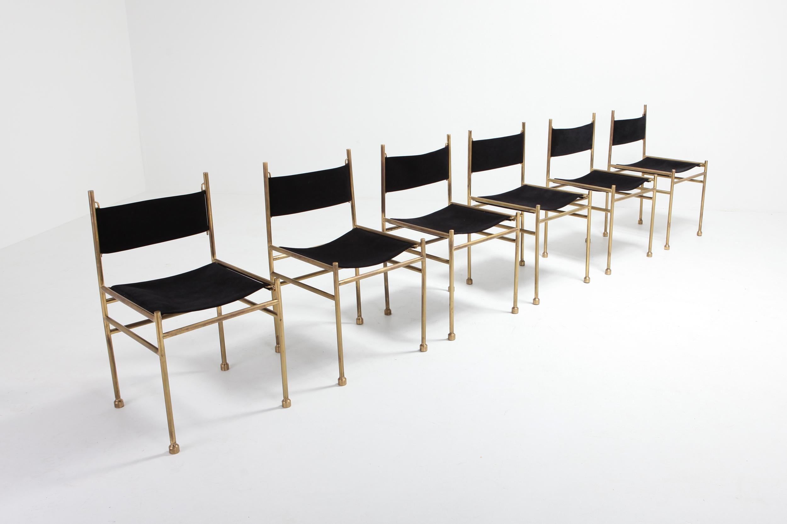 European Brass and Black Velvet Dining Chairs by Luciano Frigerio
