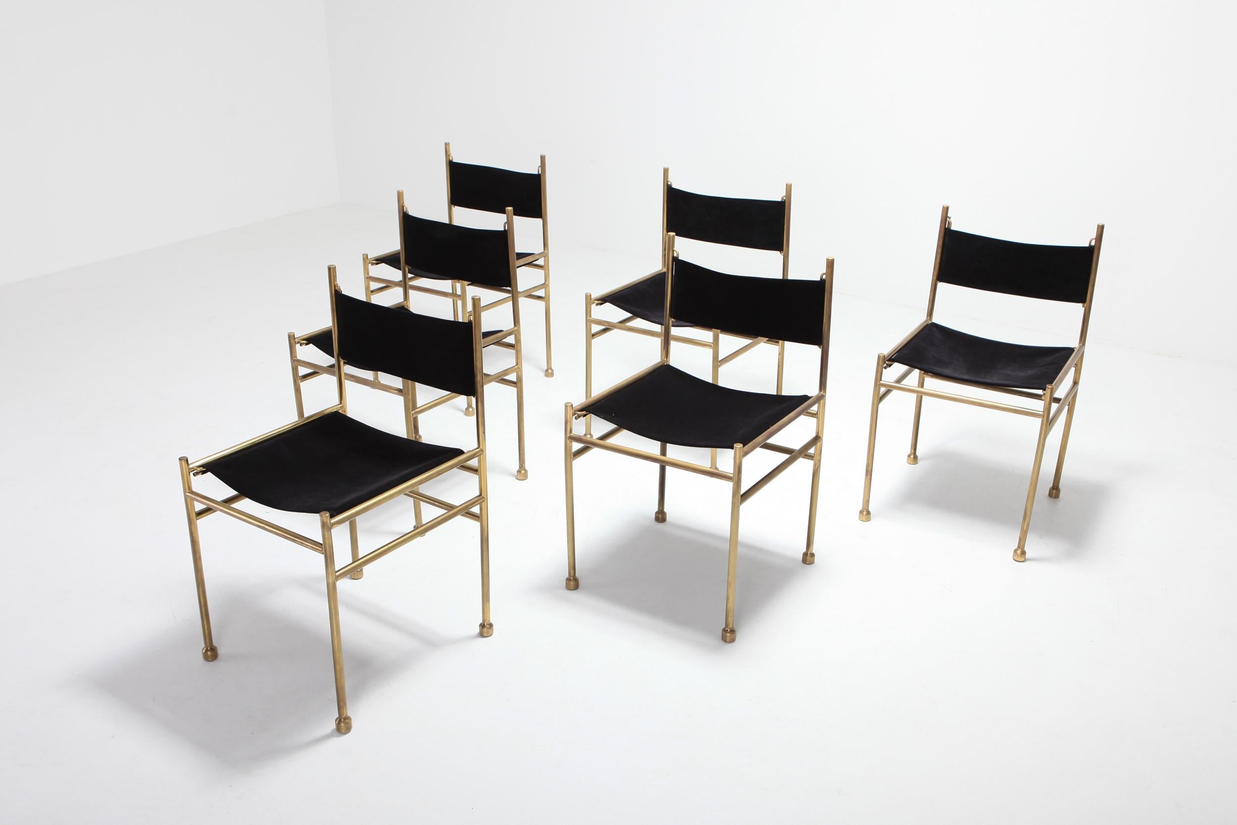 Brass and Black Velvet Dining Chairs by Luciano Frigerio In Good Condition In Antwerp, BE