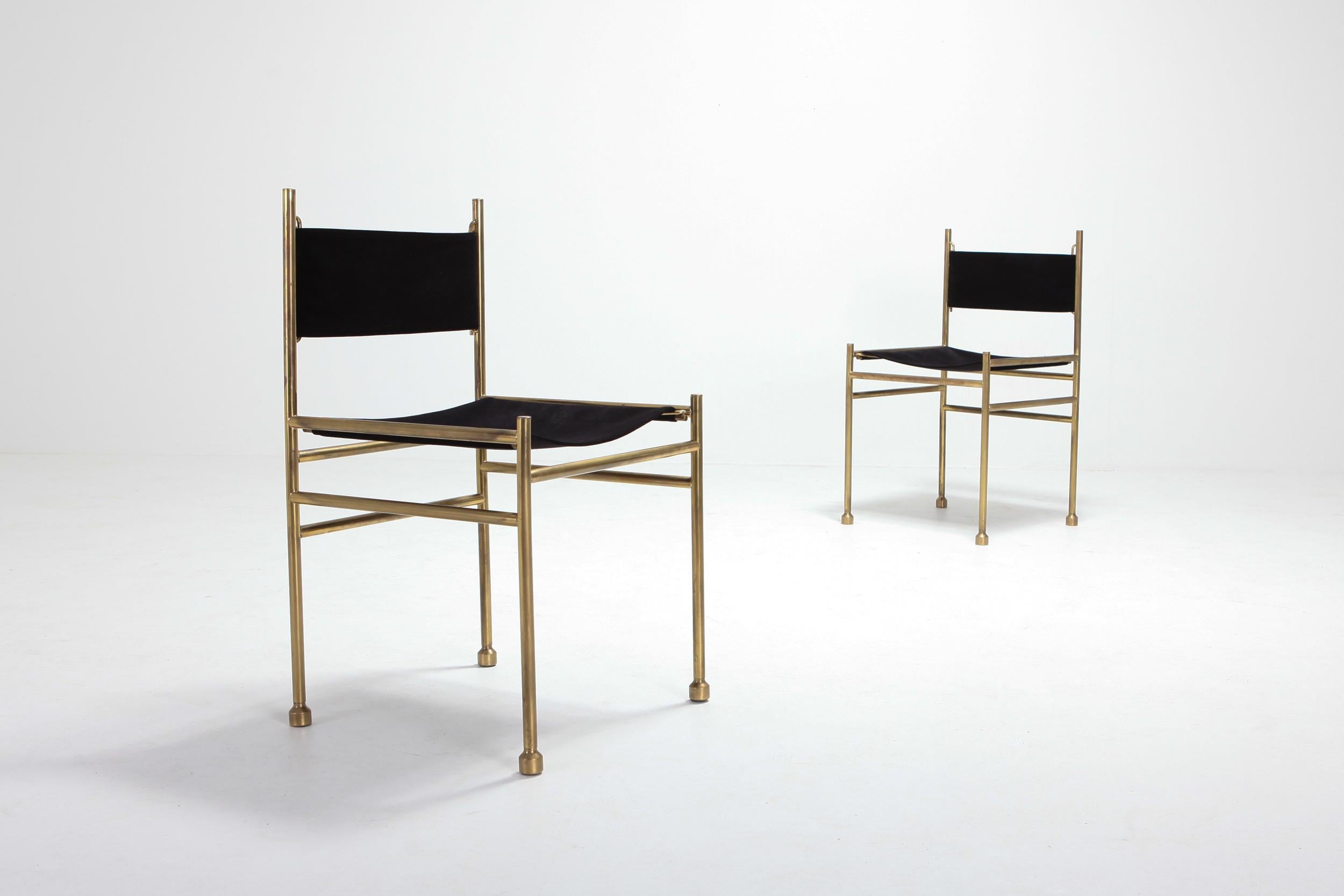 20th Century Brass and Black Velvet Dining Chairs by Luciano Frigerio