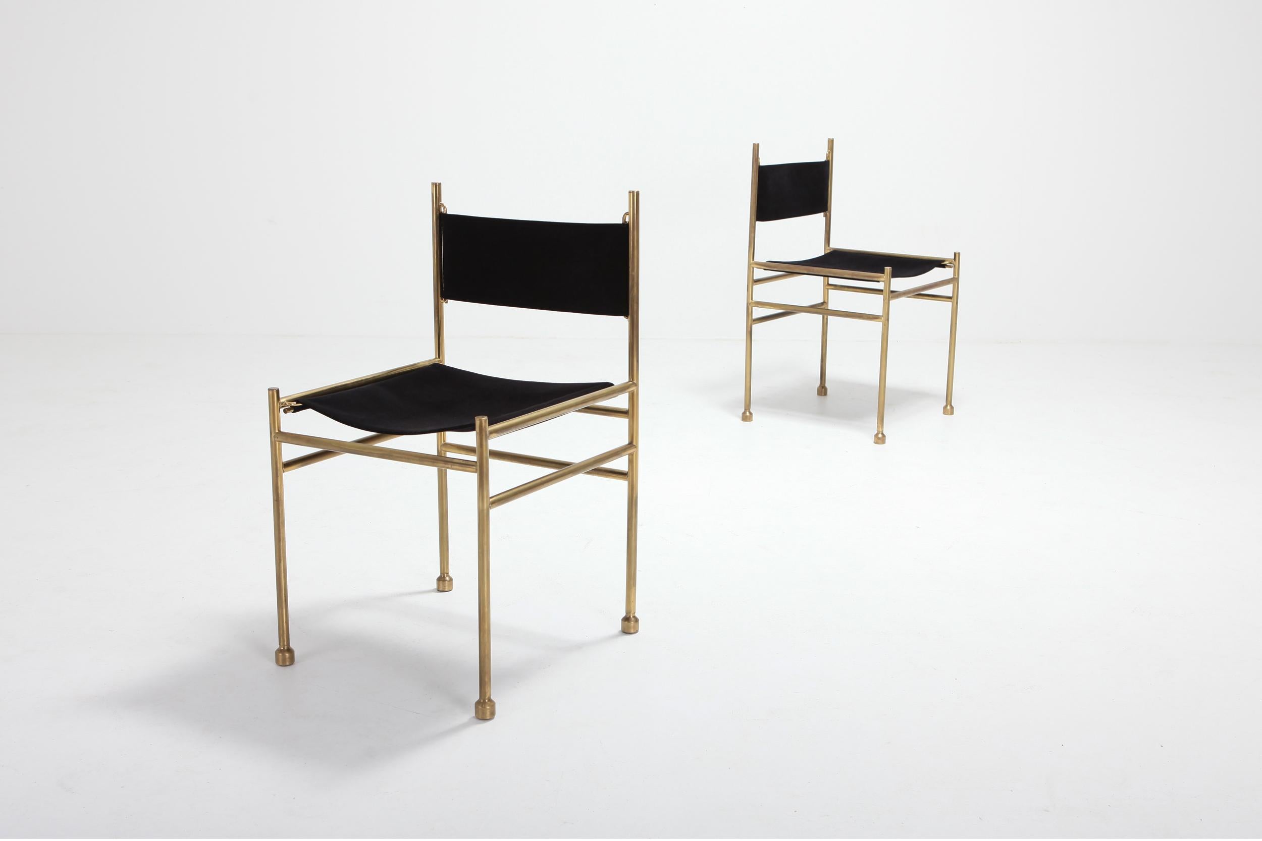 Brass and Black Velvet Dining Chairs by Luciano Frigerio 1
