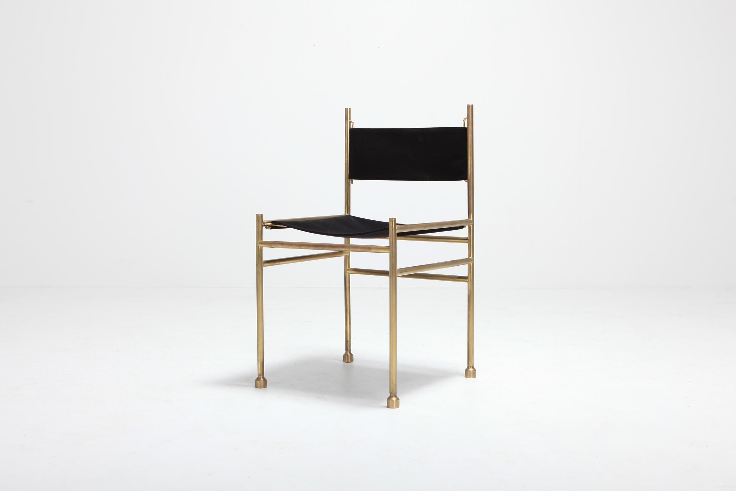 Brass and Black Velvet Dining Chairs by Luciano Frigerio 2
