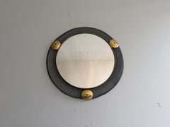 Brass and Black Wire Frame Round Wall Mirror, 1960s, Germany