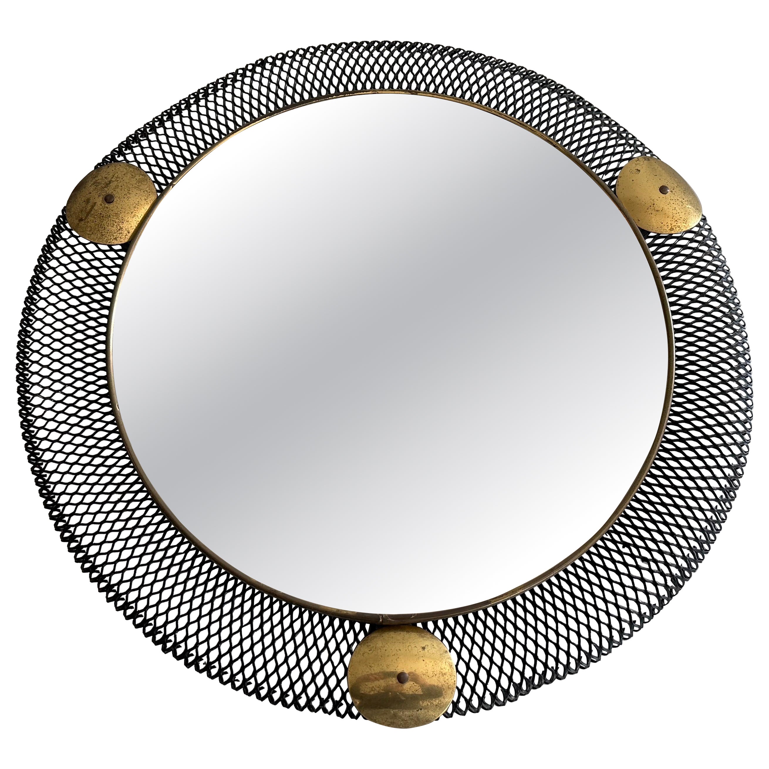 Brass and Black Wire Frame Round Wall Mirror, 1960s, Germany For Sale