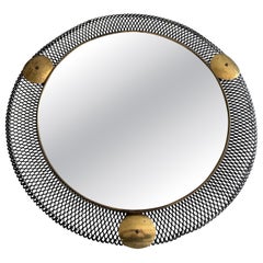 Brass and Black Wire Frame Round Wall Mirror, 1960s, Germany