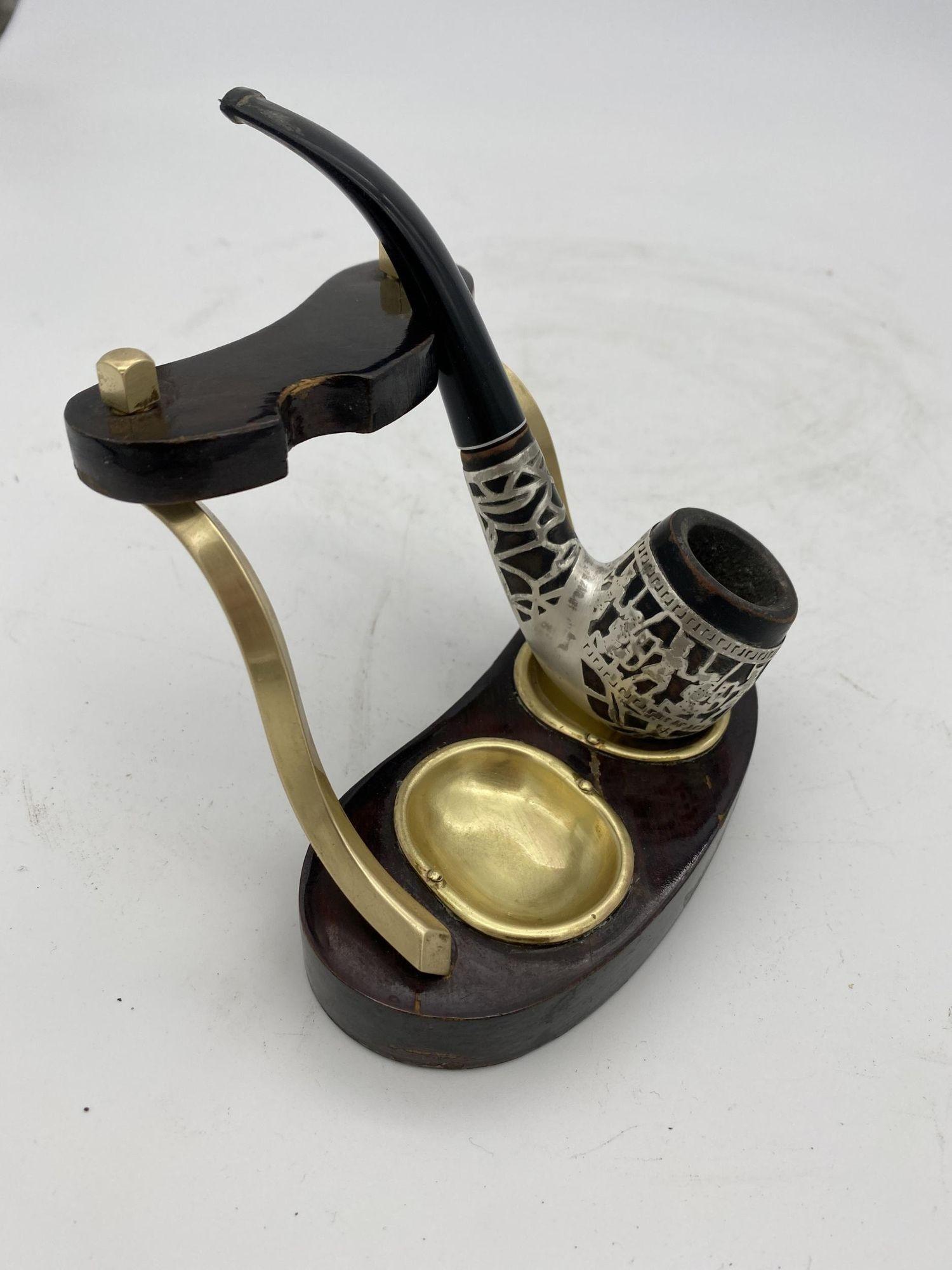 Brass and Bloodwood Pipe Holder by Dunhill w/ Silver Medico Pipe For Sale 3