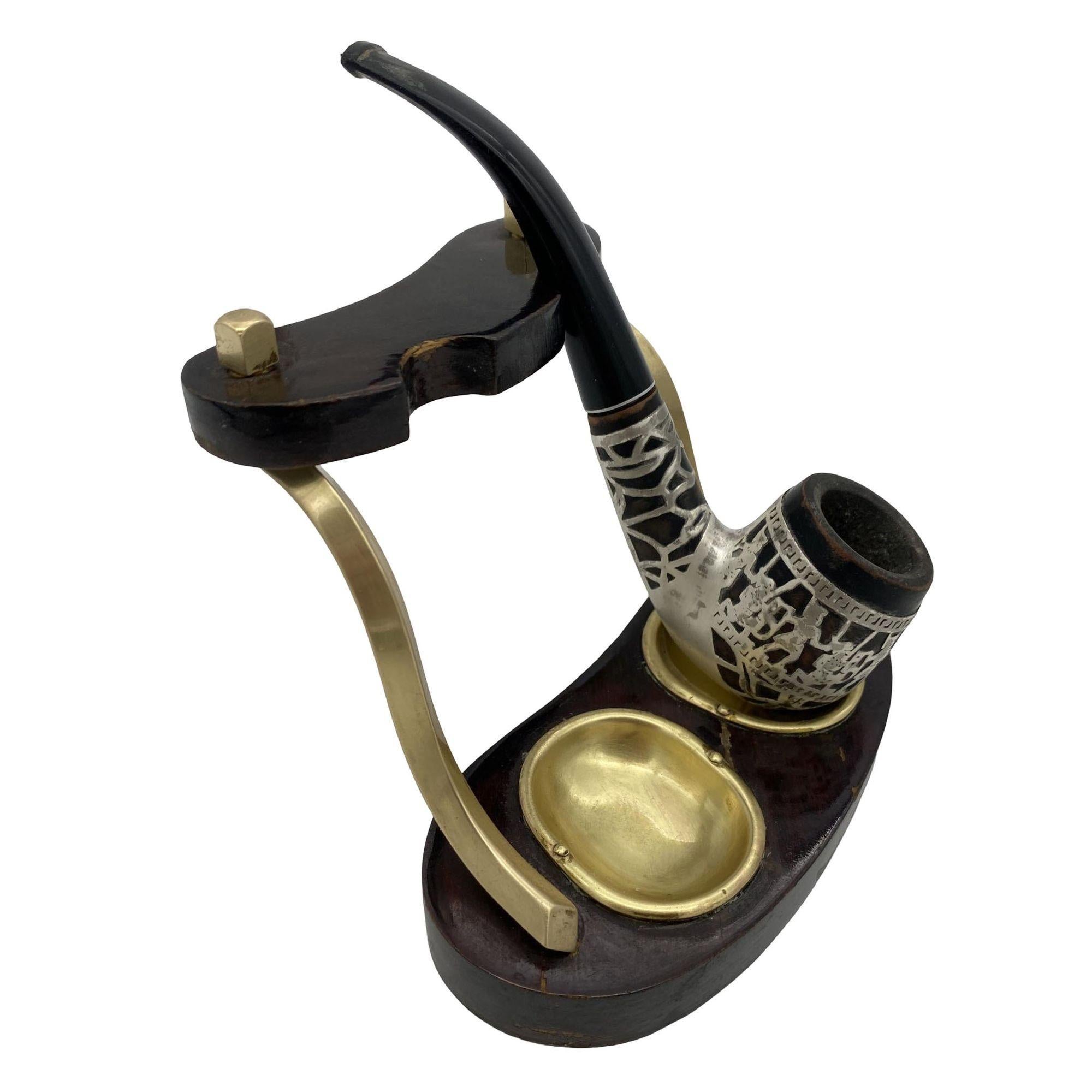 Mid-20th Century Brass and Bloodwood Pipe Holder by Dunhill w/ Silver Medico Pipe For Sale