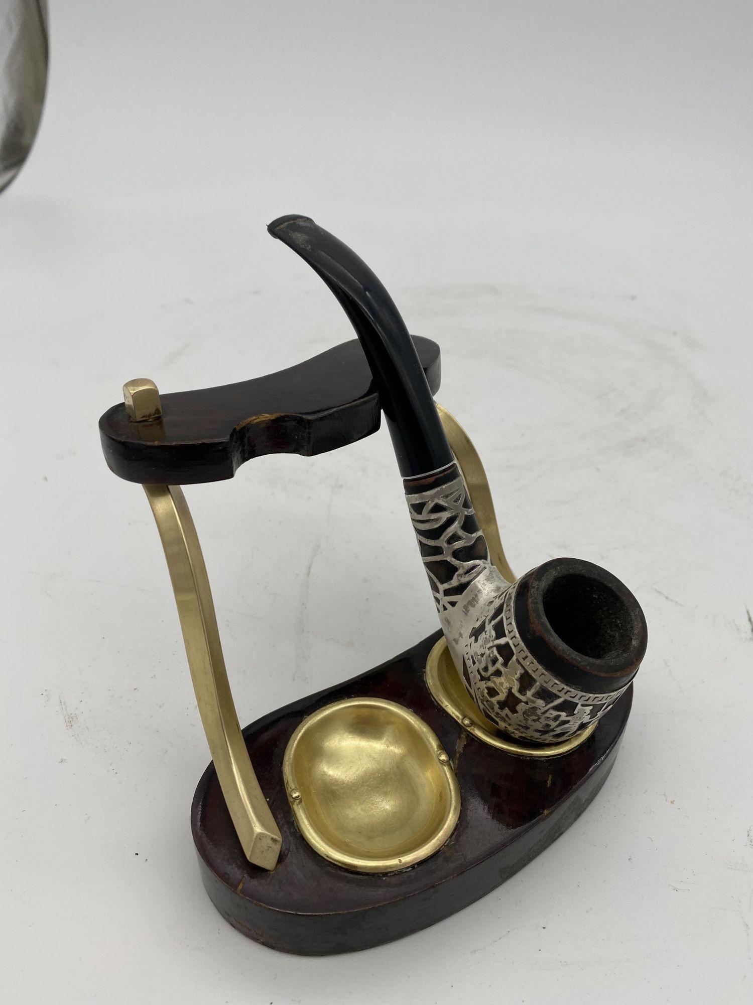 Brass and Bloodwood Pipe Holder by Dunhill w/ Silver Medico Pipe In Excellent Condition For Sale In Van Nuys, CA
