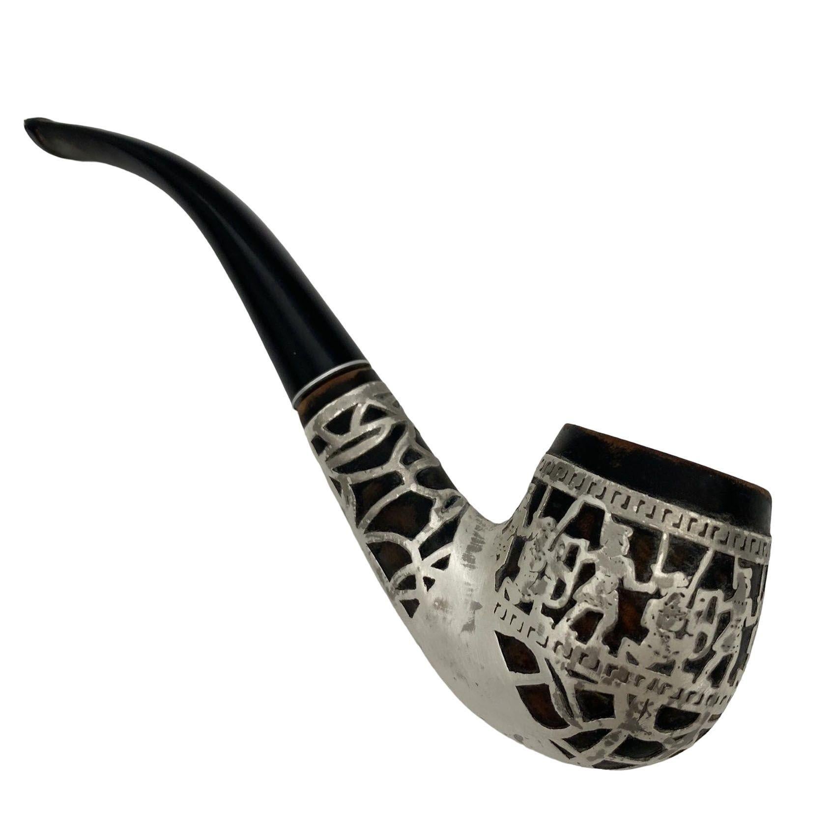 Brass and Bloodwood Pipe Holder by Dunhill w/ Silver Medico Pipe For Sale 1