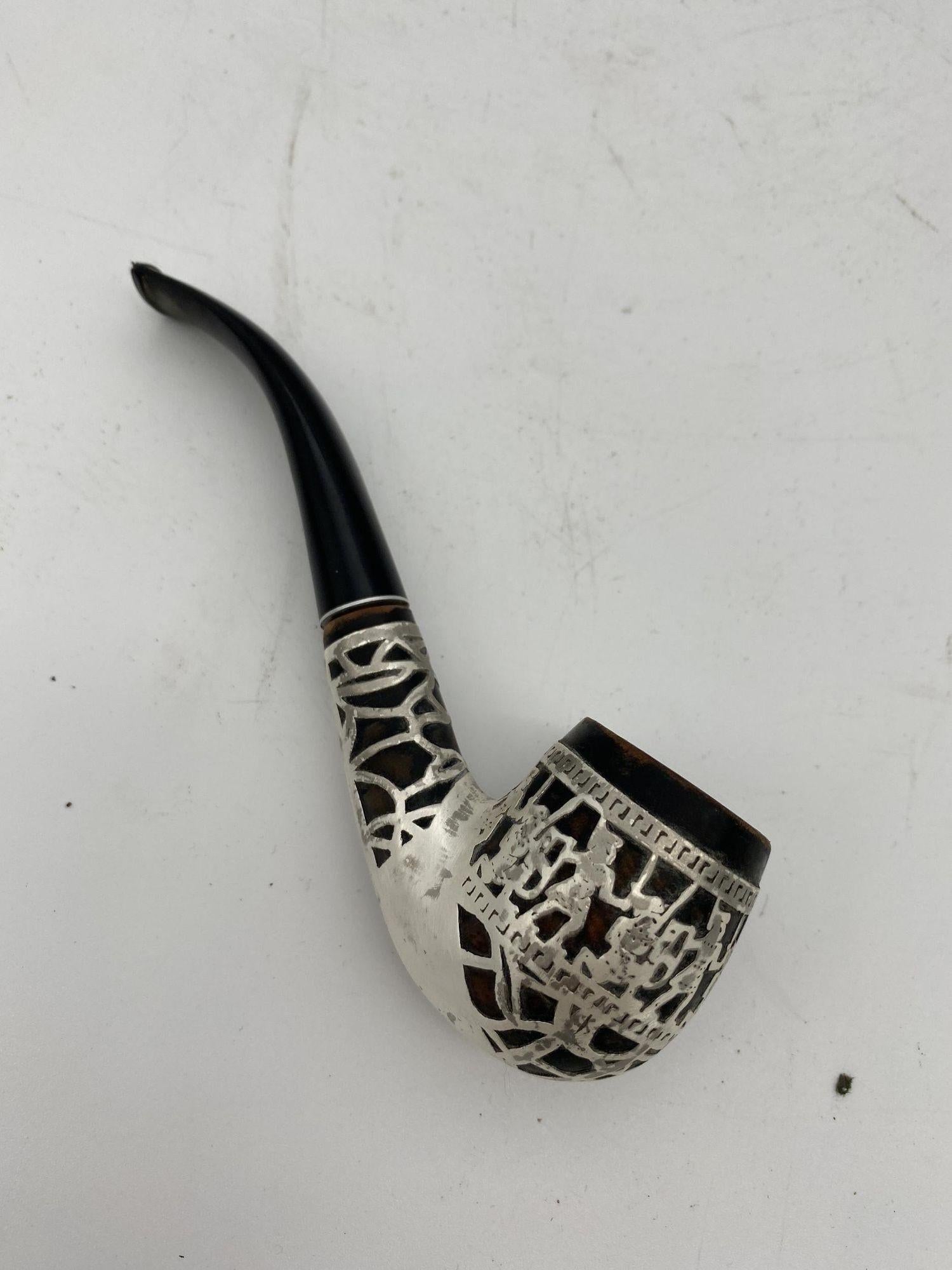 Brass and Bloodwood Pipe Holder by Dunhill w/ Silver Medico Pipe For Sale 1