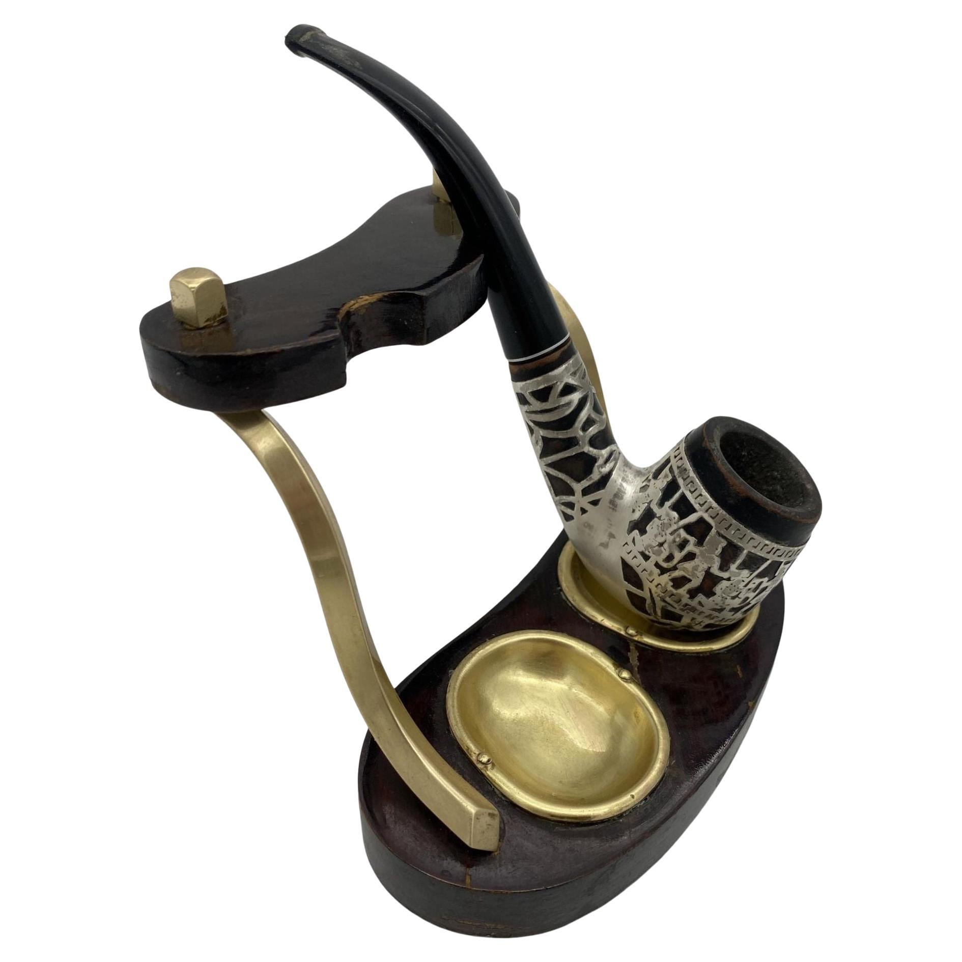 Brass and Bloodwood Pipe Holder by Dunhill w/ Silver Medico Pipe For Sale
