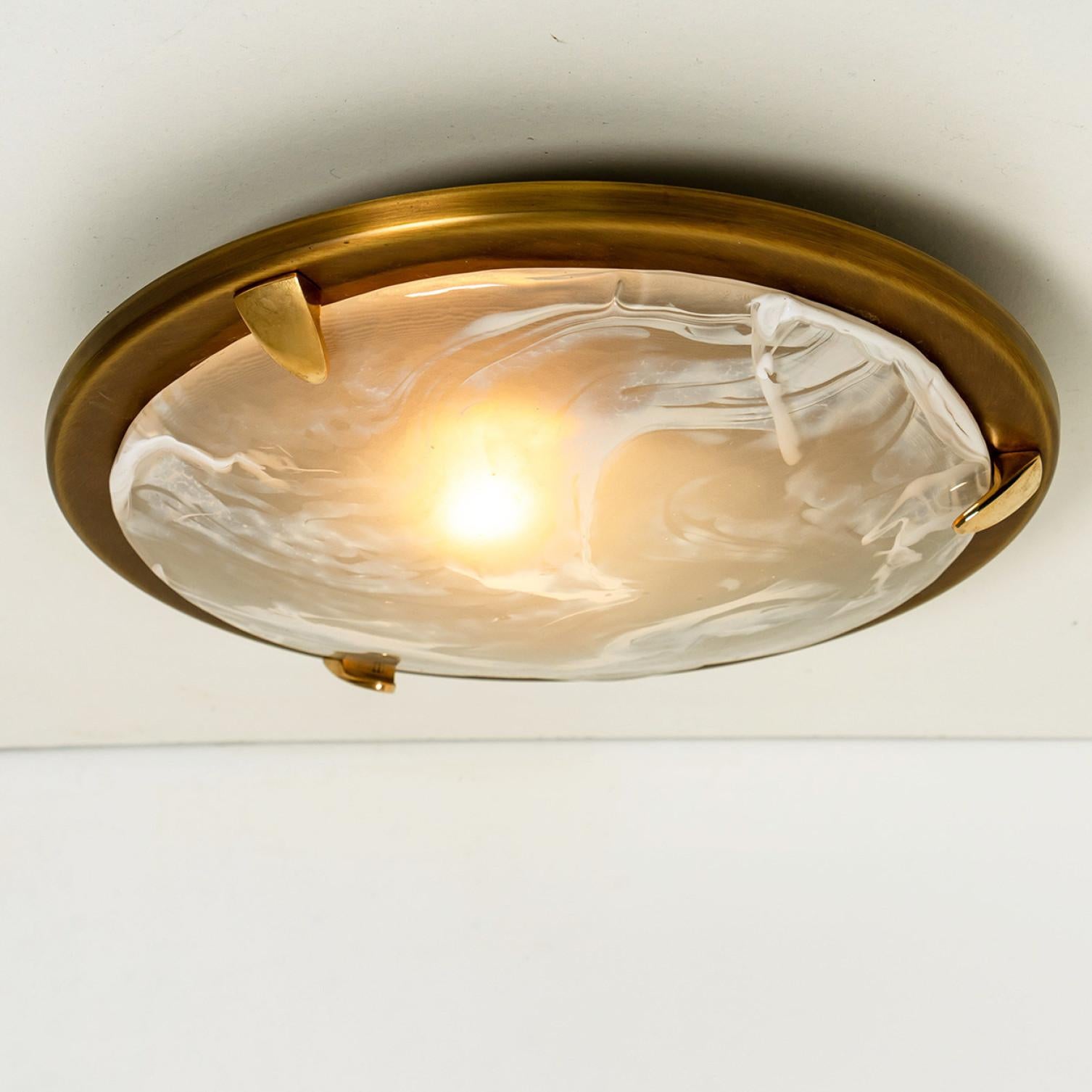 Mid-20th Century Brass and Blown Murano Glass Flush Mount by Hillebrand, 1960s For Sale