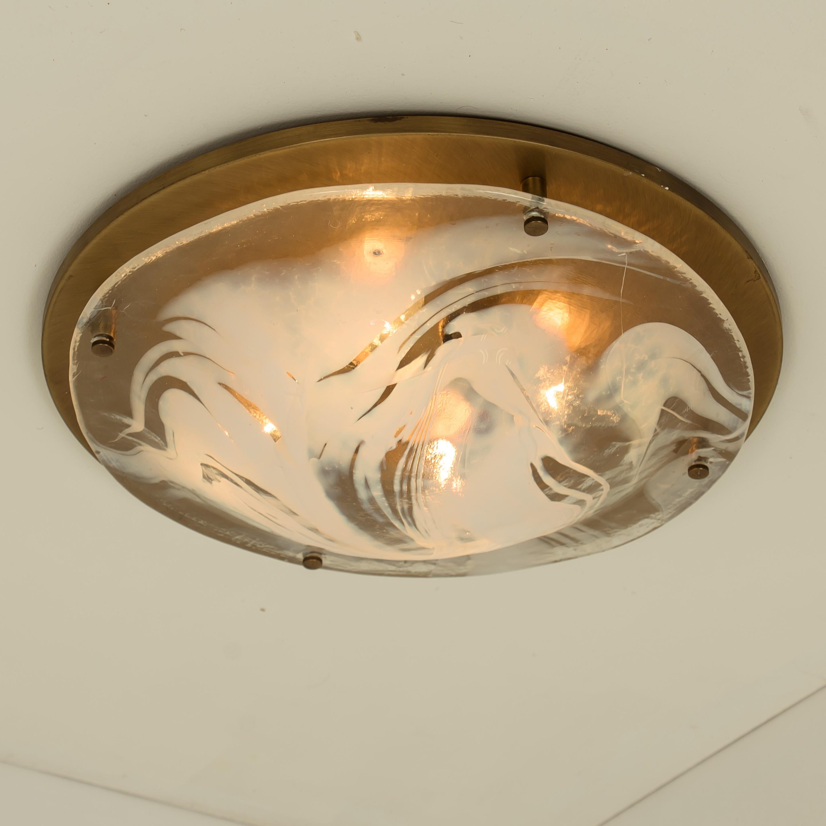 Brass and Blown Murano Glass Flush Mount Wall Light by Hillebrand, Austria 3