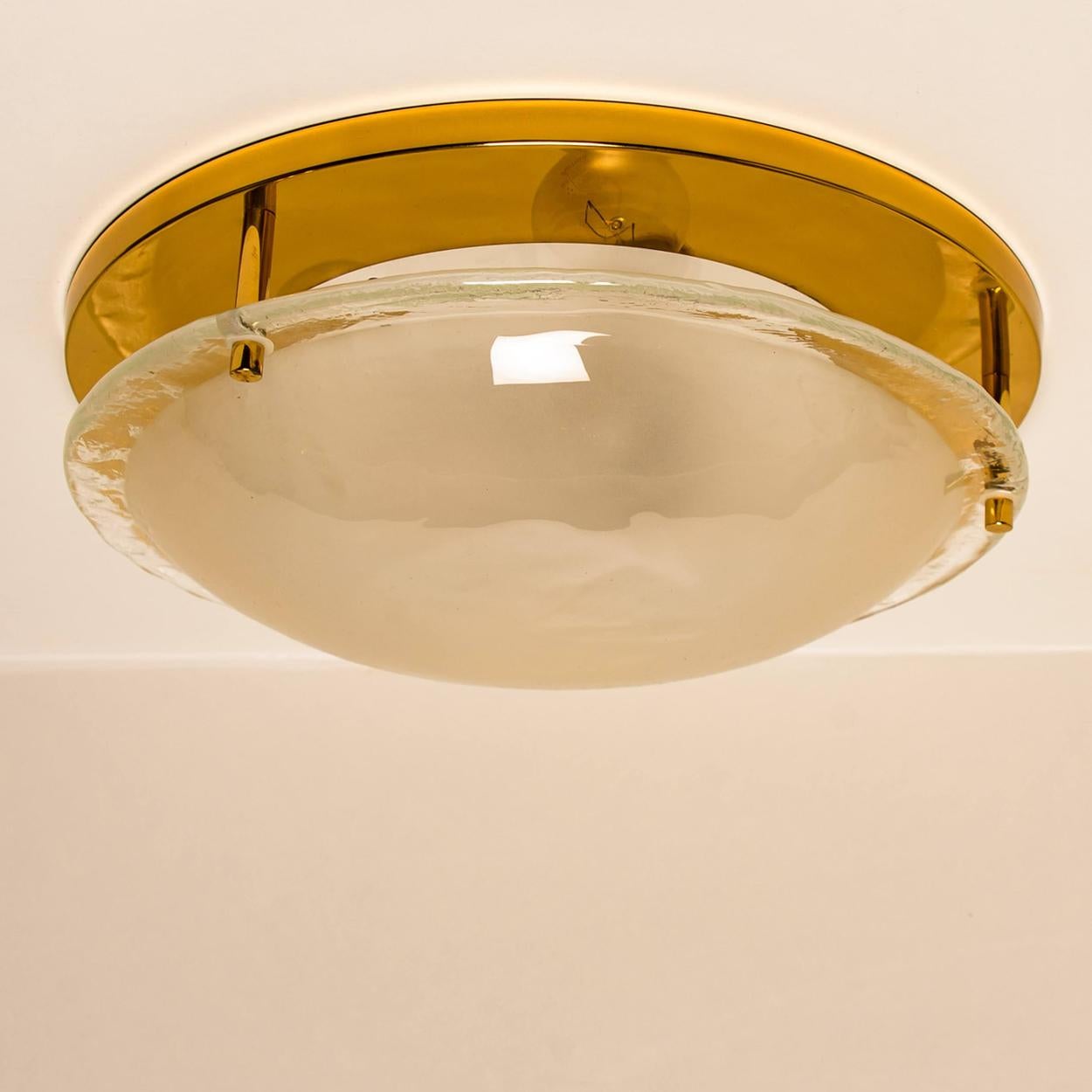 German Brass and Blown Murano Glass Wall Light or Flushmount, 1960s