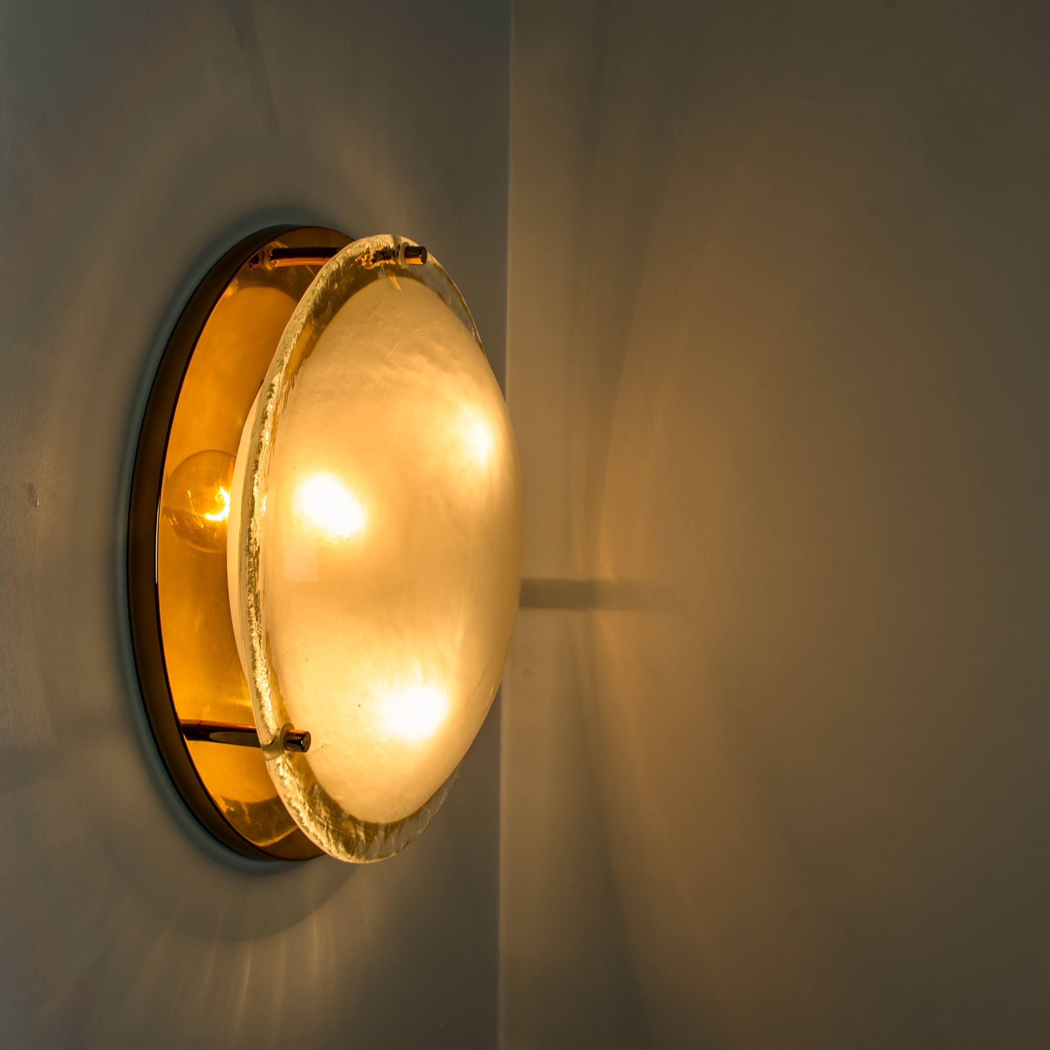 Brass and Blown Murano Glass Wall Light or Flushmount, 1960s In Good Condition In Rijssen, NL