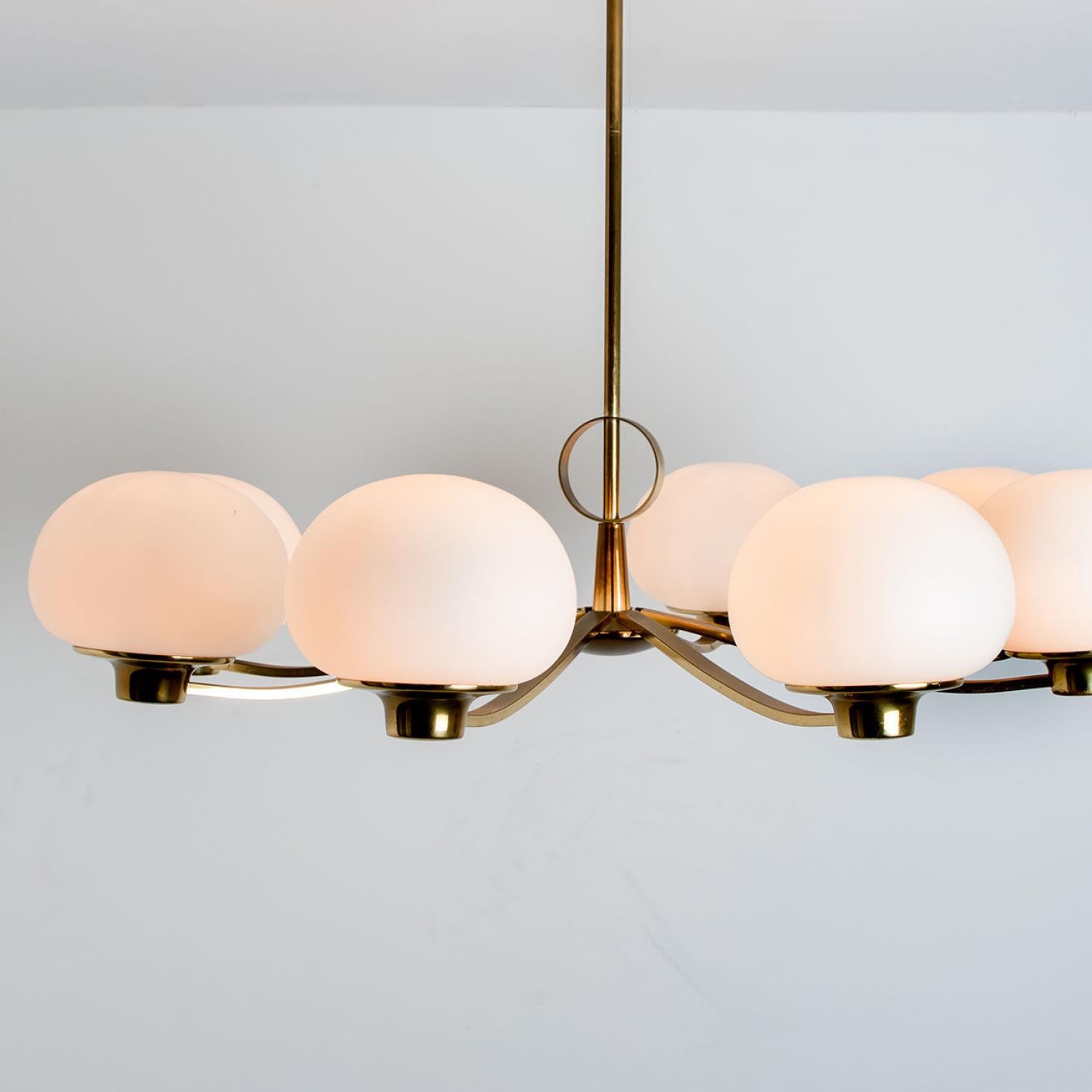 Brass and Blown Opaque Glass Chandelier by Hillebrand, 1960s 3