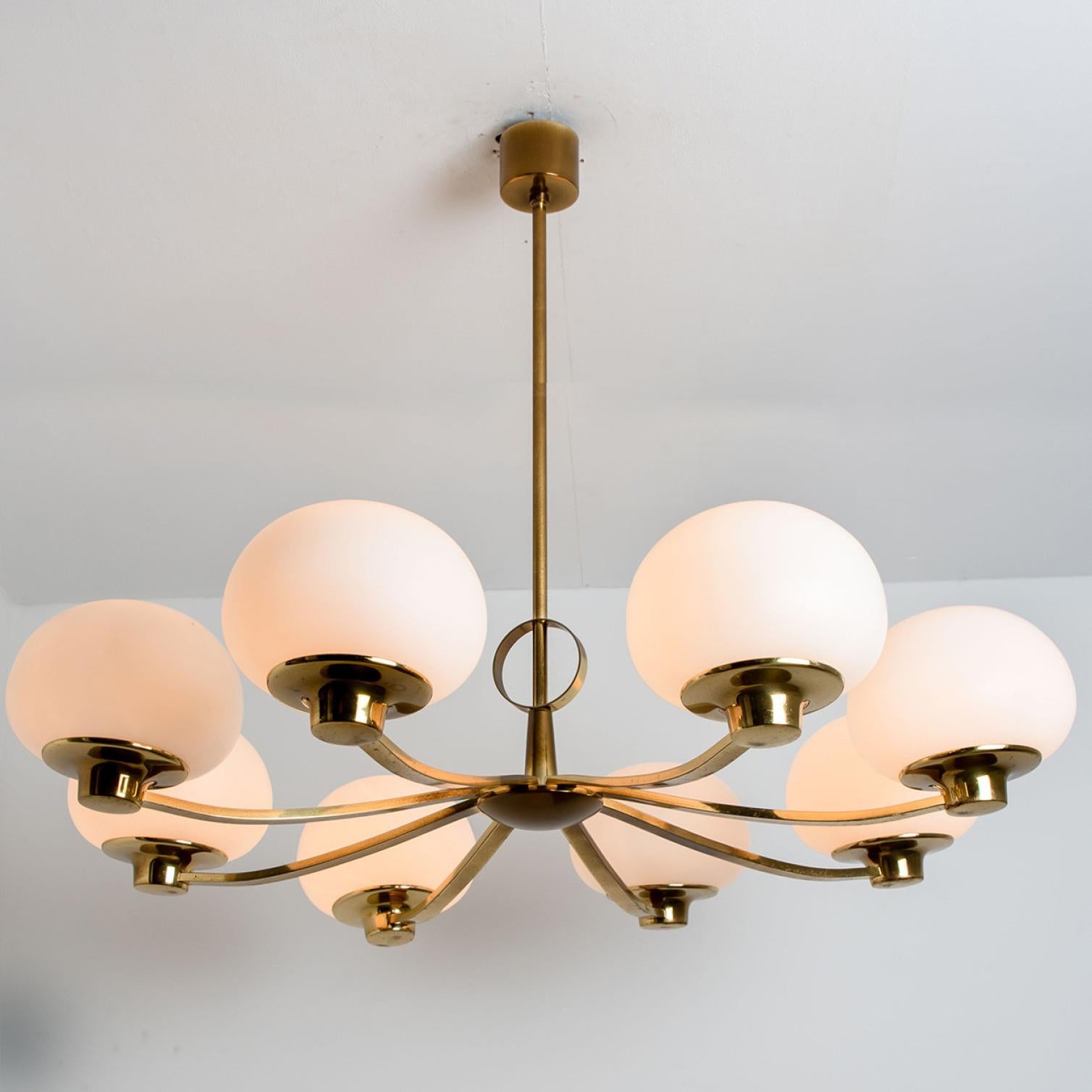 Brass and Blown Opaque Glass Chandelier by Hillebrand, 1960s 4