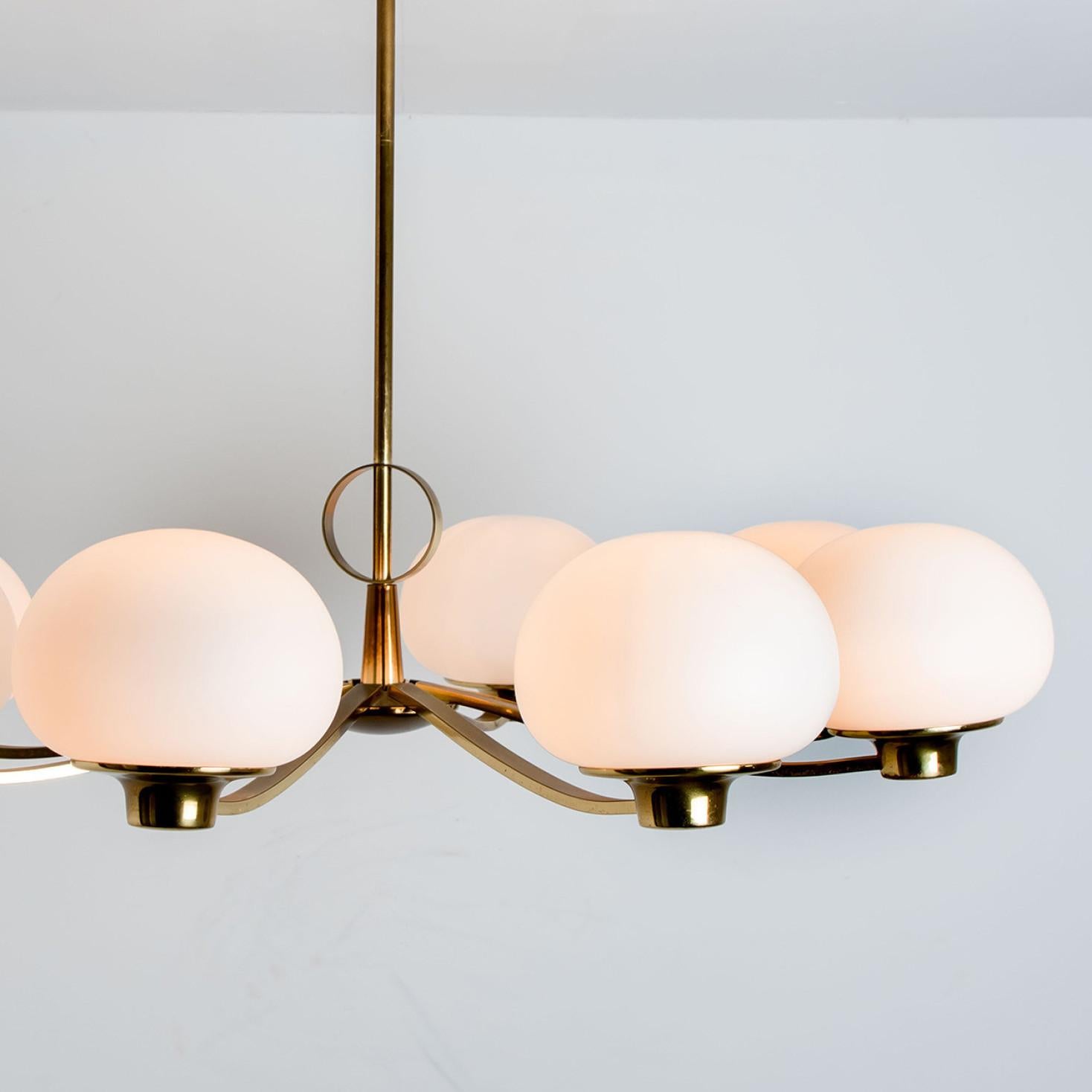 Brass and Blown Opaque Glass Chandelier by Hillebrand, 1960s 7