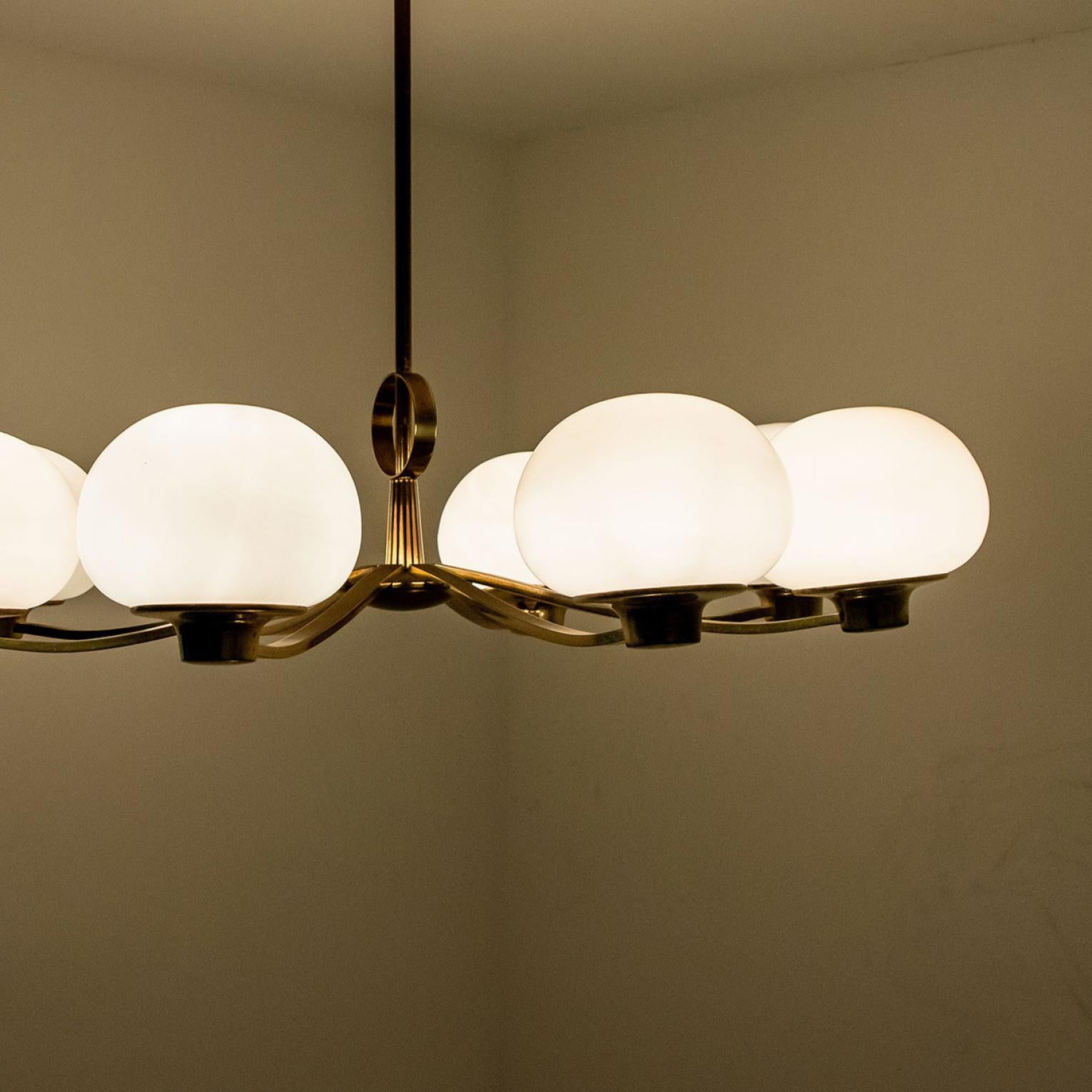 Brass and Blown Opaque Glass Chandelier by Hillebrand, 1960s 9