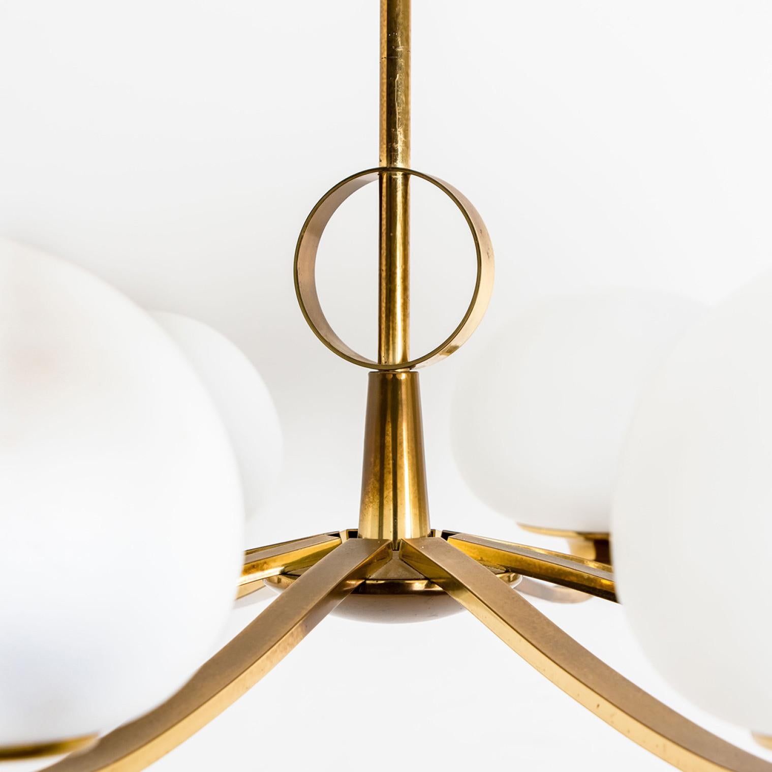 German Brass and Blown Opaque Glass Chandelier by Hillebrand, 1960s